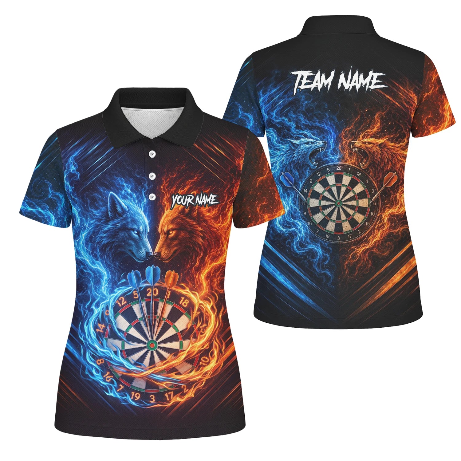 Personalised Blue & Orange Wolf Flame Dartboard Darts Shirt For Women A749