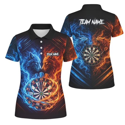 Personalised Blue & Orange Wolf Flame Dartboard Darts Shirt For Women A749