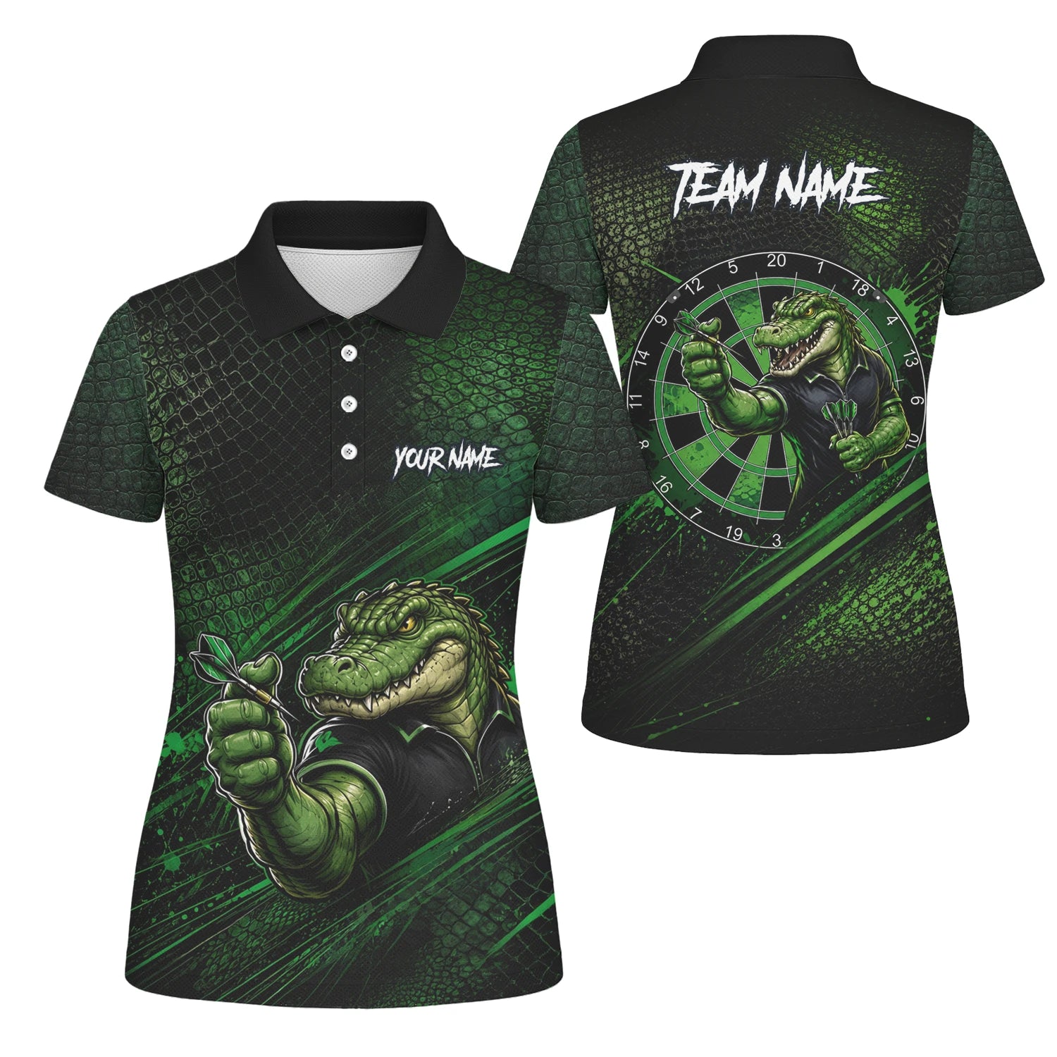Personalised Black & Green Crocodile Darts Player Shirt For Women I987