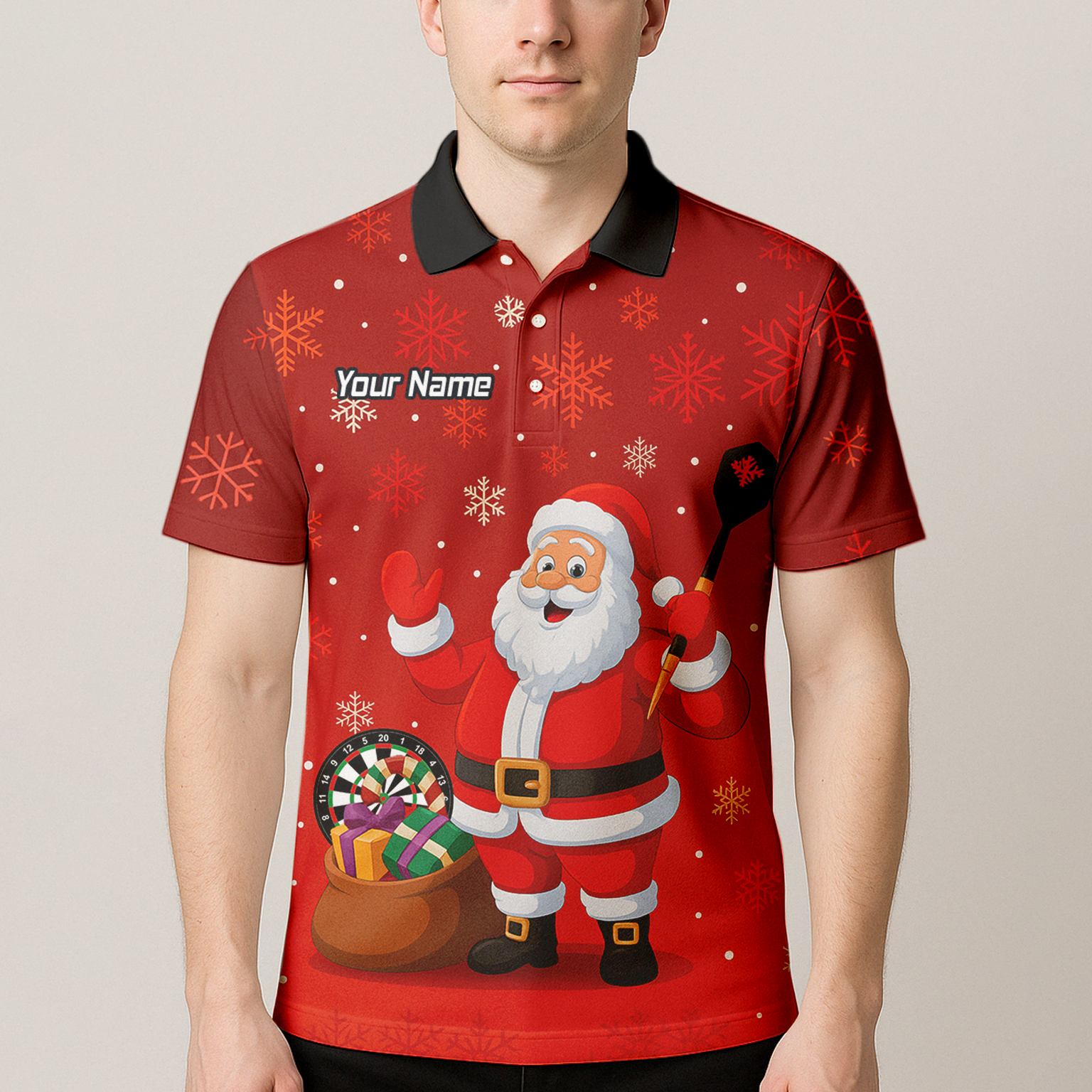 Personalised Santa Claus Christmas Darts Polo Shirt Red Snowflakes For Men X7938 additional image 4
