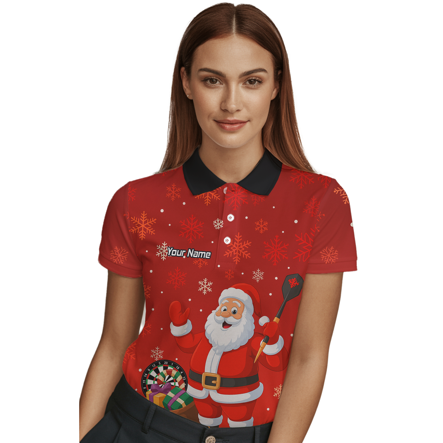Personalised Santa Claus Christmas Darts Polo Shirt Red Snowflakes For Men X7938 additional image 3