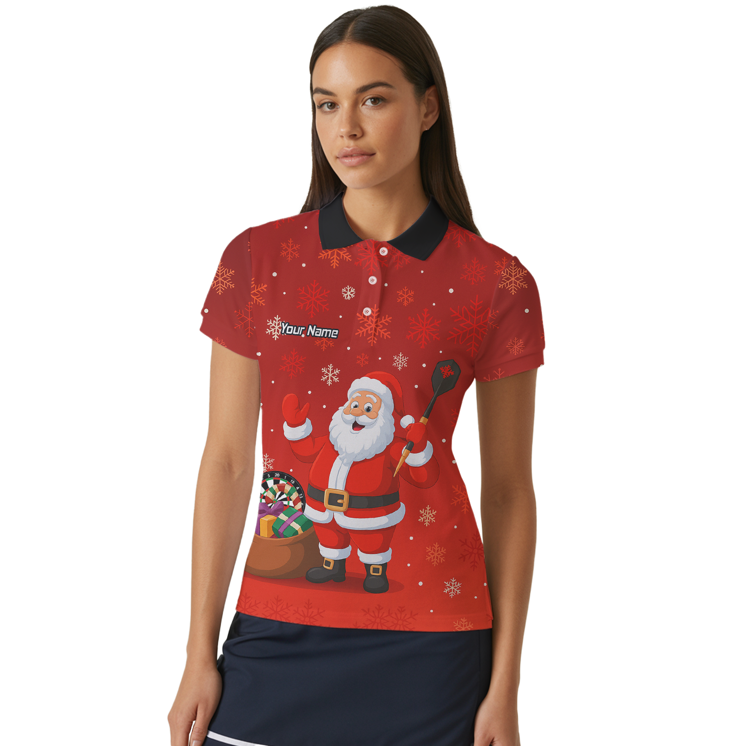 Personalised Santa Claus Christmas Darts Polo Shirt Red Snowflakes For Men X7938 additional image 4