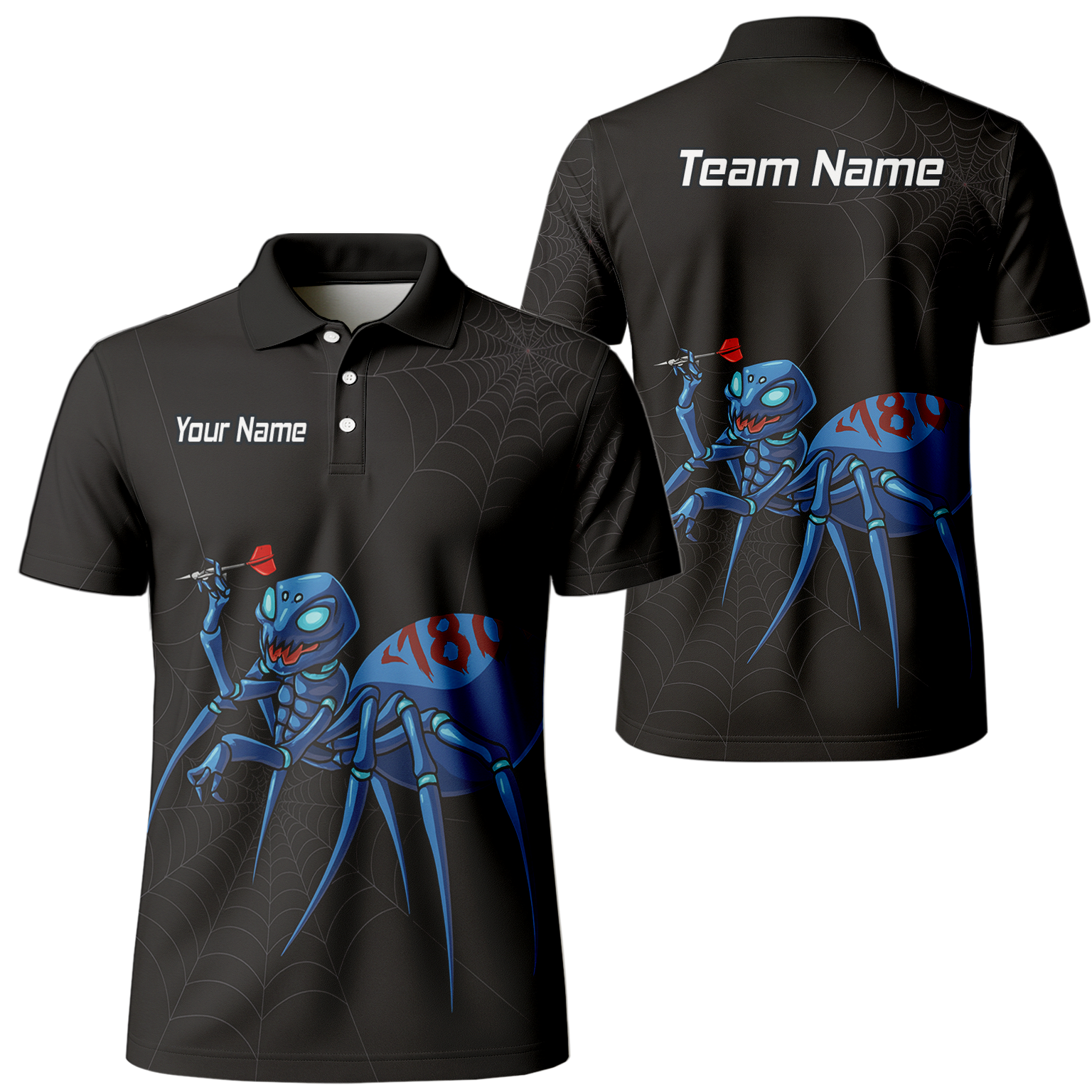 Personalised Blue Spider 180 Darts Polo Shirt Black For Men U3736 main image - polo No