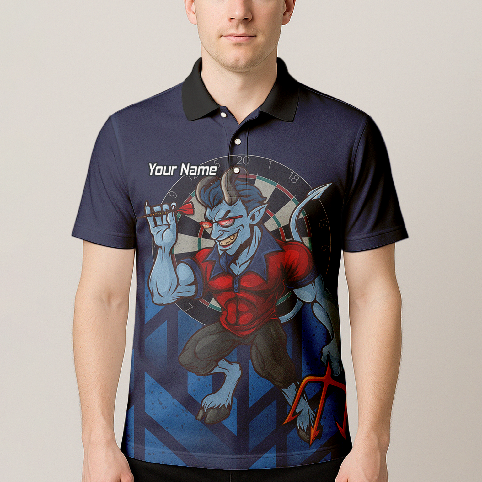 Personalised Mischievous Blue Devil Darts Polo Shirt Navy Red For Men S4696 additional image 4
