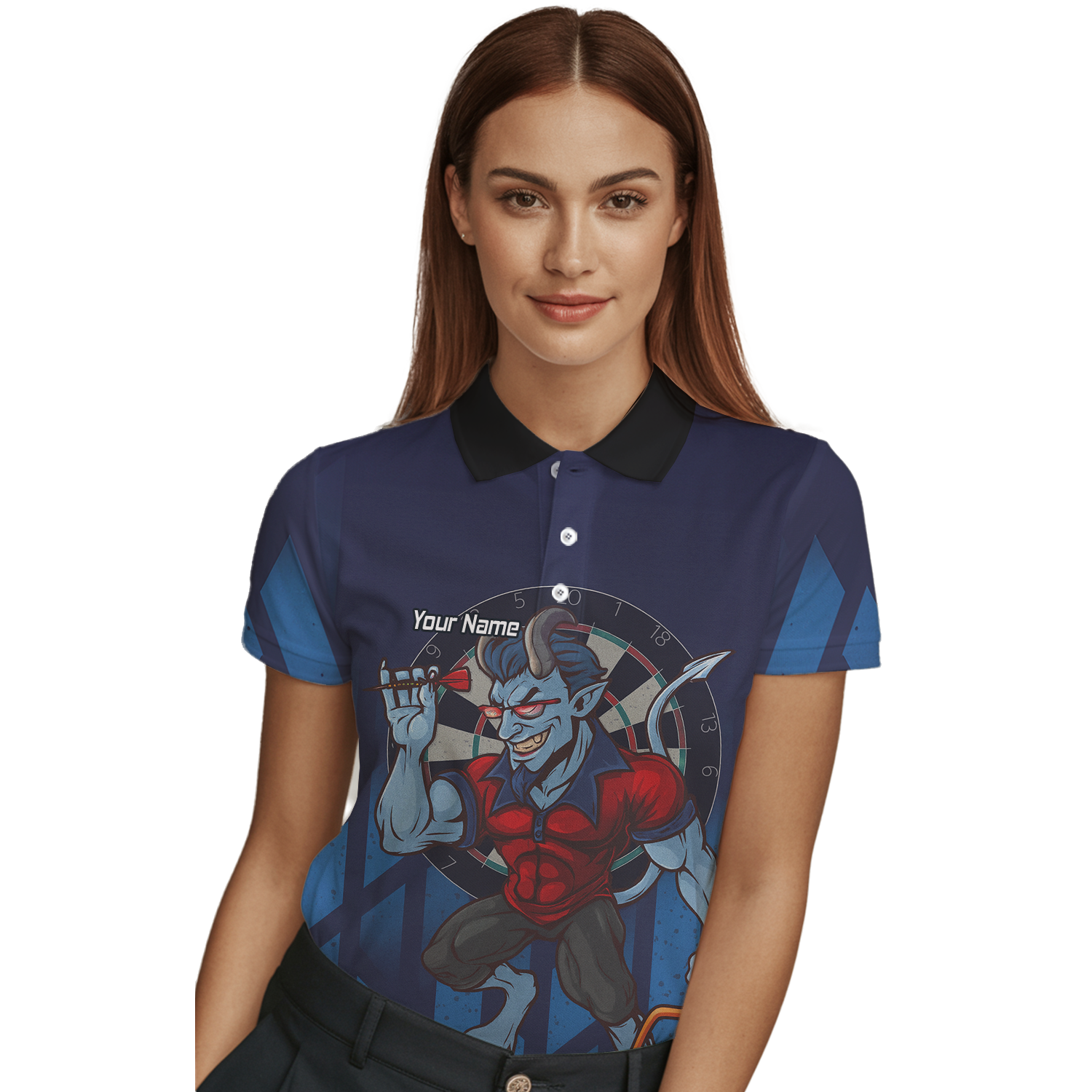 Personalised Mischievous Blue Devil Darts Polo Shirt Navy Red For Men S4696 additional image 3