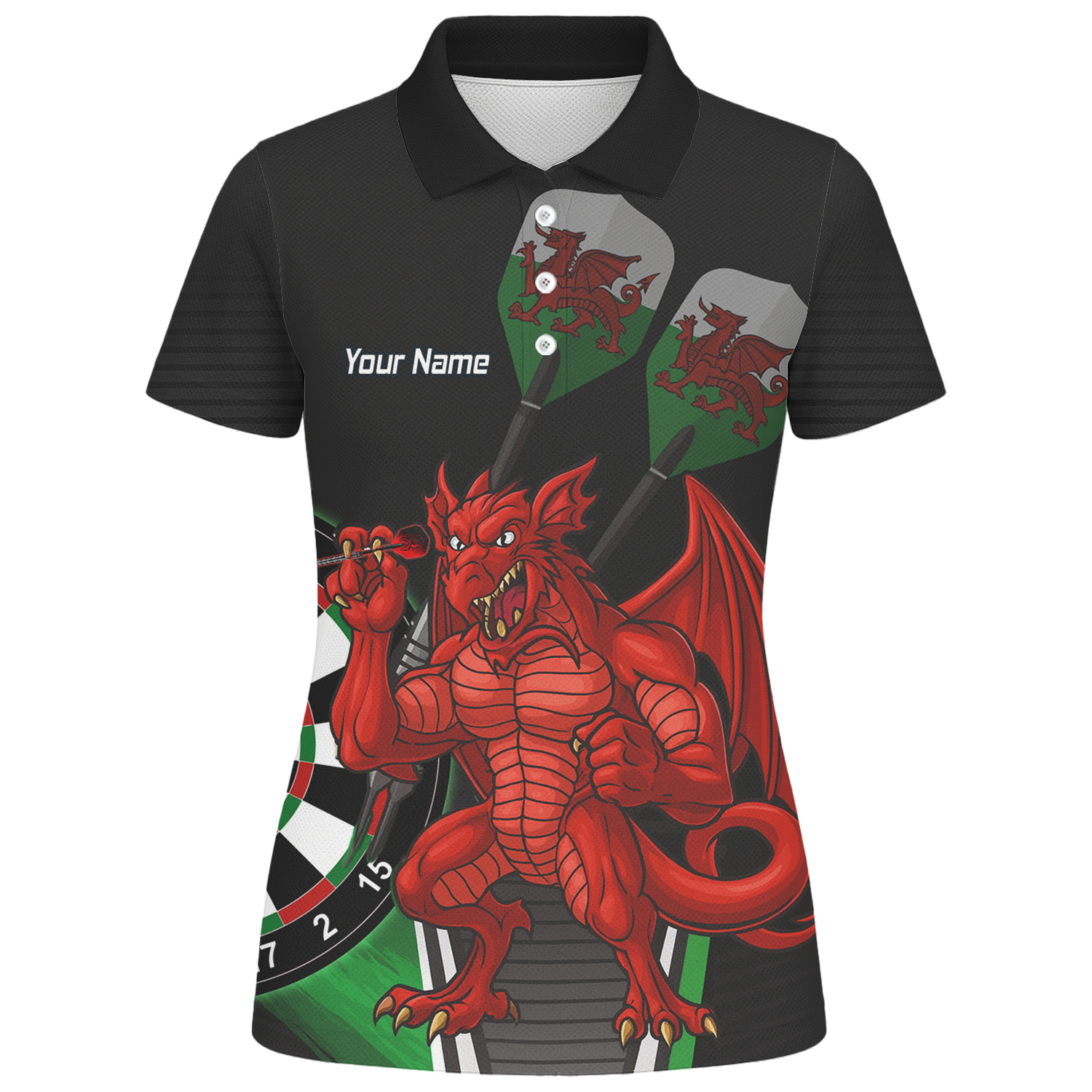 Personalised Custom Welsh Red Dragon Darts Polo Shirt Black Green For Men N6377 additional image 1