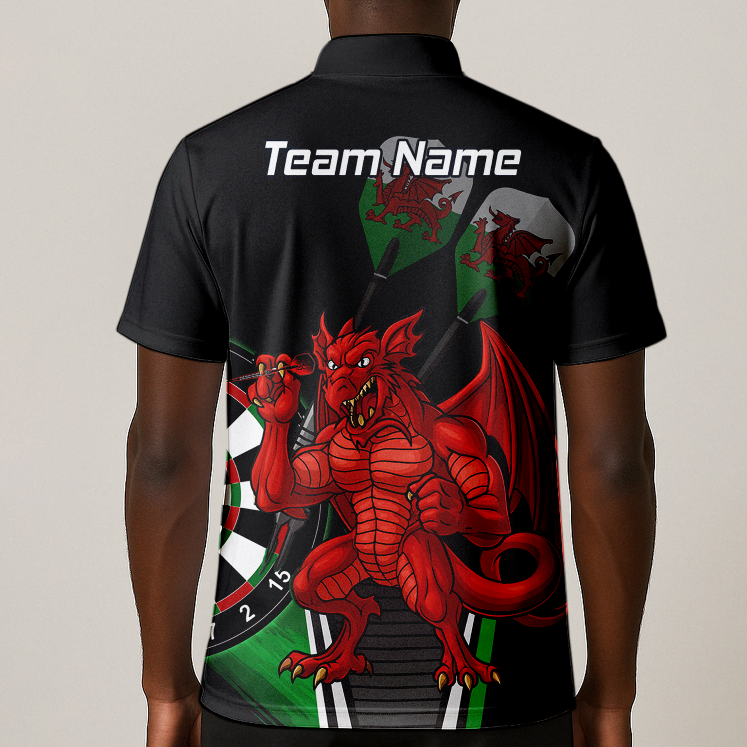 Personalised Custom Welsh Red Dragon Darts Polo Shirt Black Green For Men N6377 additional image 1