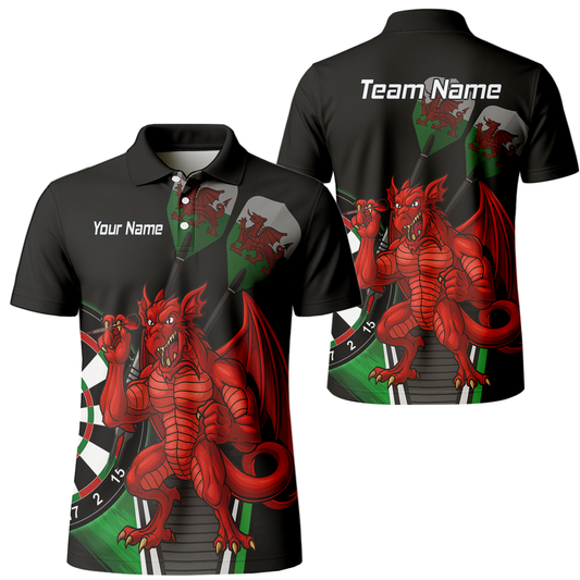 Personalised Custom Welsh Red Dragon Darts Polo Shirt Black Green For Men N6377 main image - polo No
