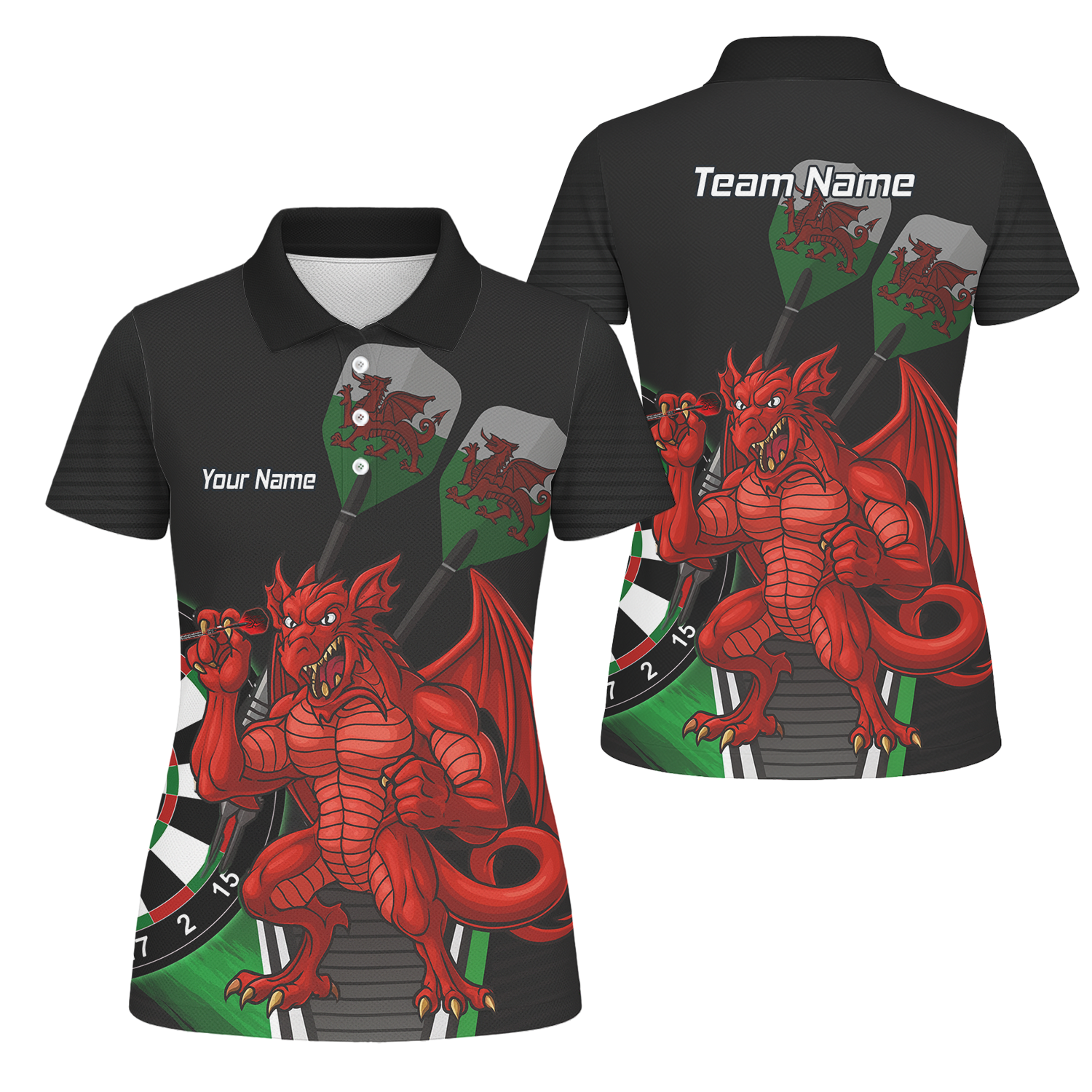 Personalised Custom Welsh Red Dragon Darts Polo Shirt Black Green For Men N6377 main image - polo No