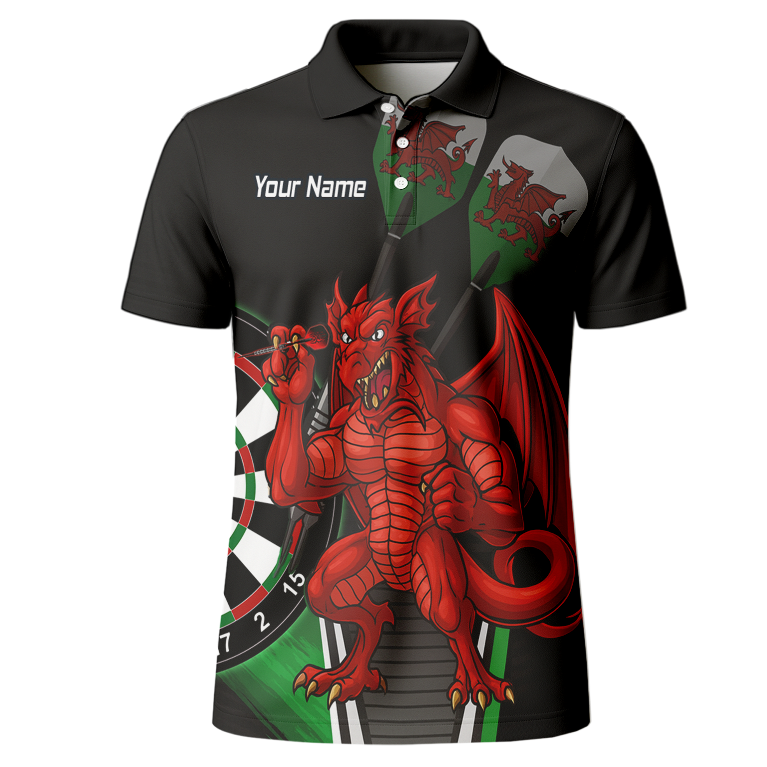 Personalised Custom Welsh Red Dragon Darts Polo Shirt Black Green For Men N6377 additional image 2