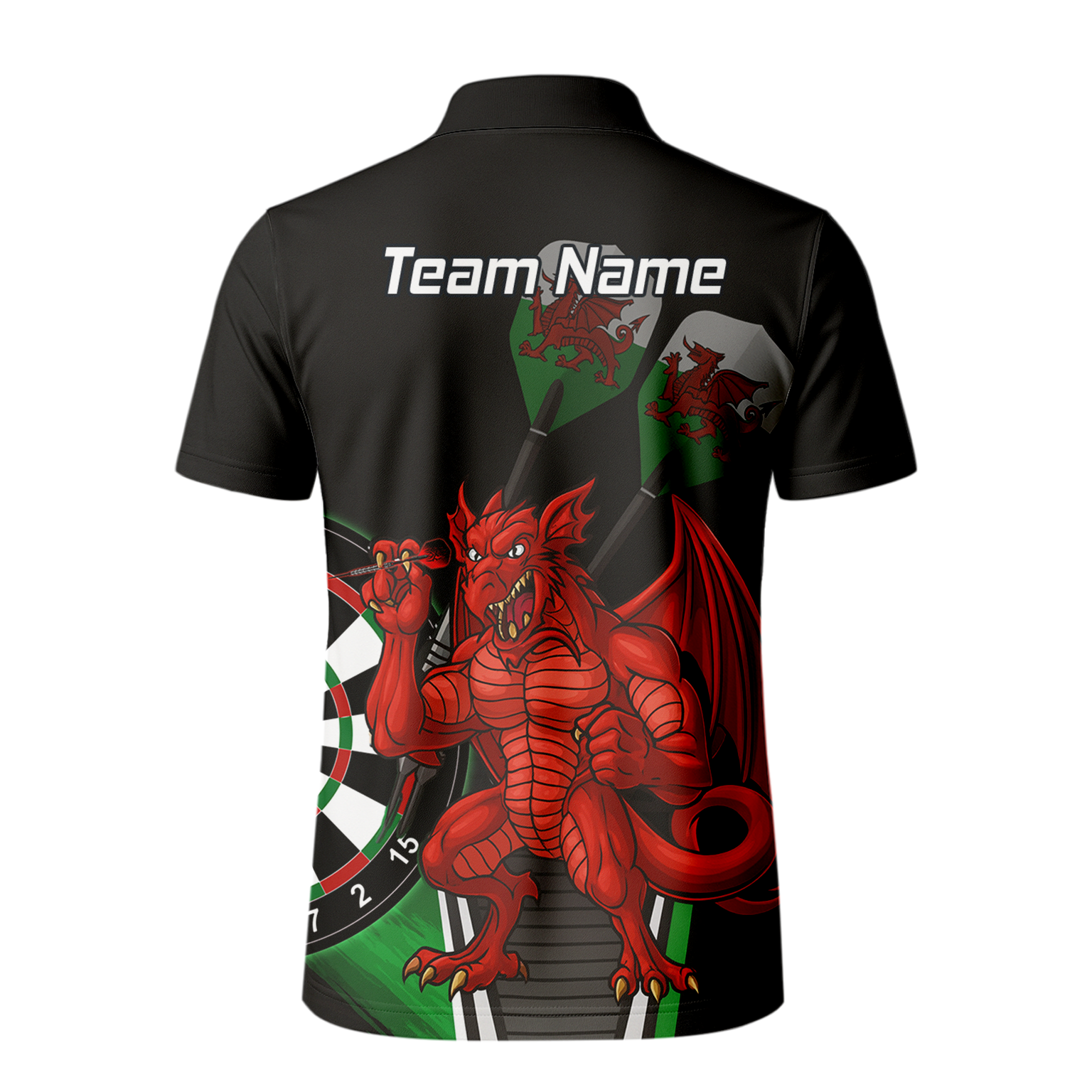 Personalised Custom Welsh Red Dragon Darts Polo Shirt Black Green For Men N6377 additional image 3