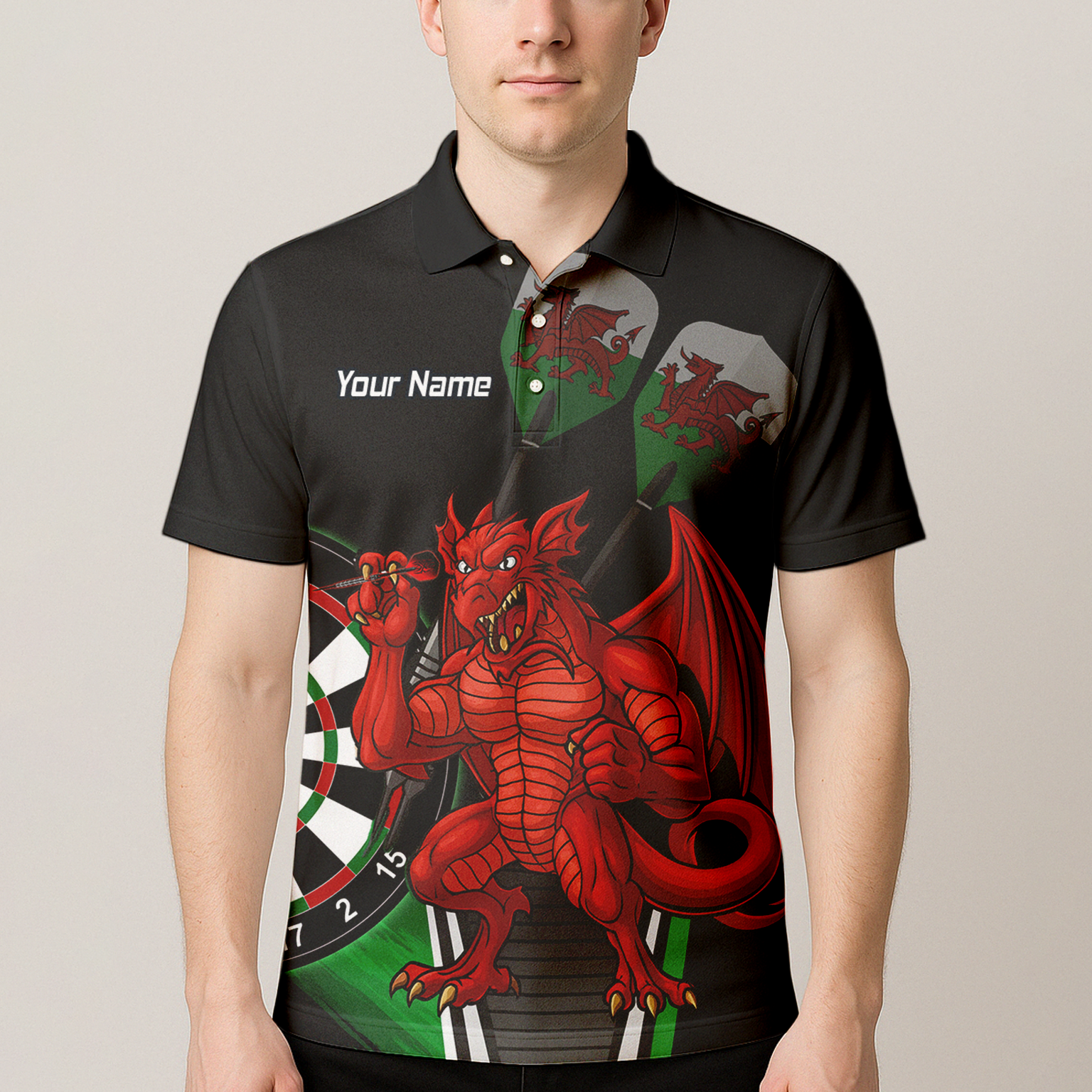 Personalised Custom Welsh Red Dragon Darts Polo Shirt Black Green For Men N6377 additional image 4