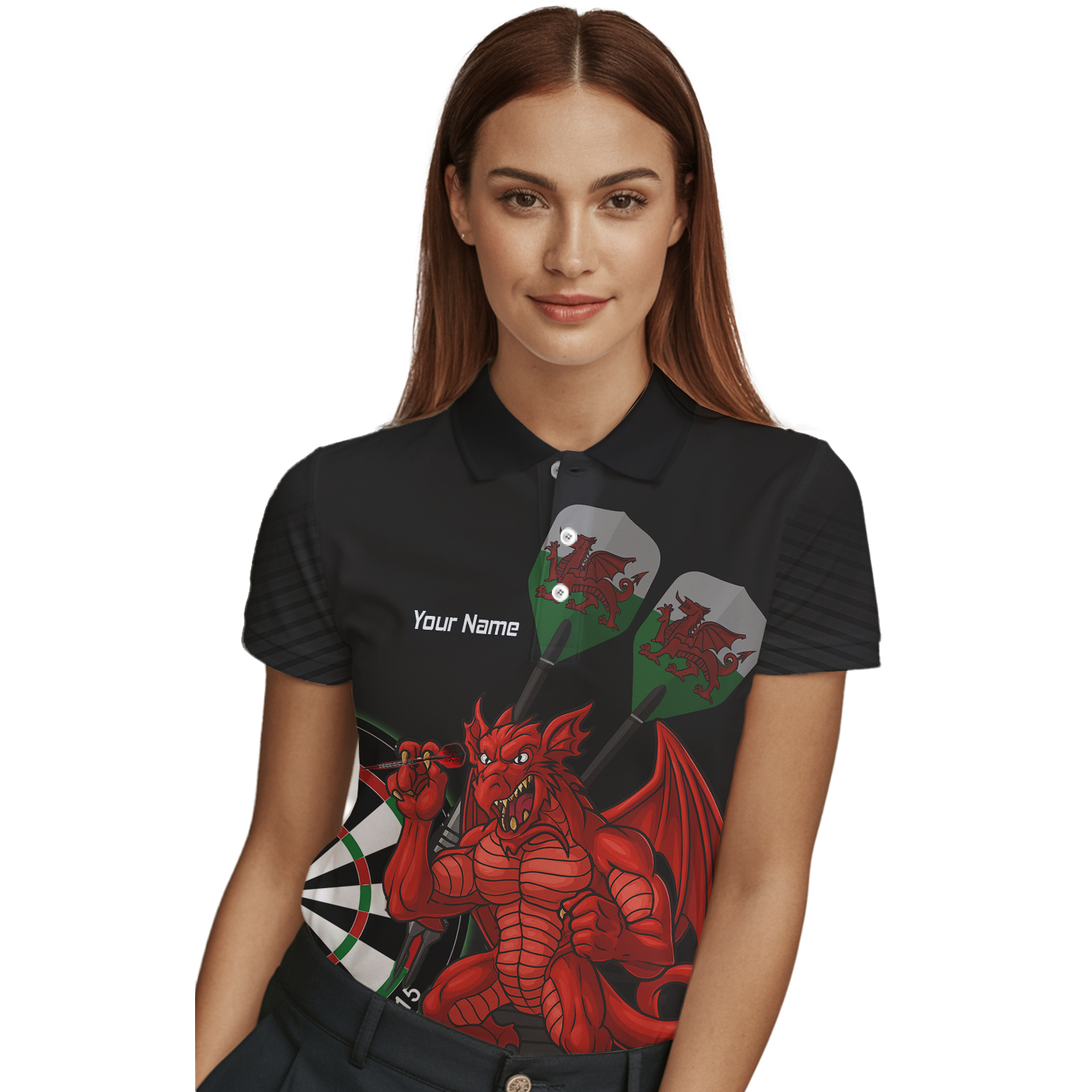 Personalised Custom Welsh Red Dragon Darts Polo Shirt Black Green For Men N6377 additional image 3