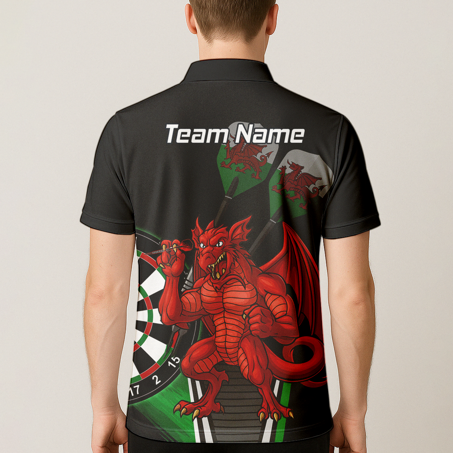 Personalised Custom Welsh Red Dragon Darts Polo Shirt Black Green For Men N6377 additional image 5