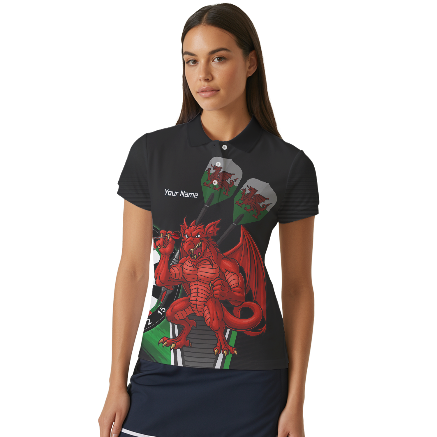 Personalised Custom Welsh Red Dragon Darts Polo Shirt Black Green For Men N6377 additional image 4