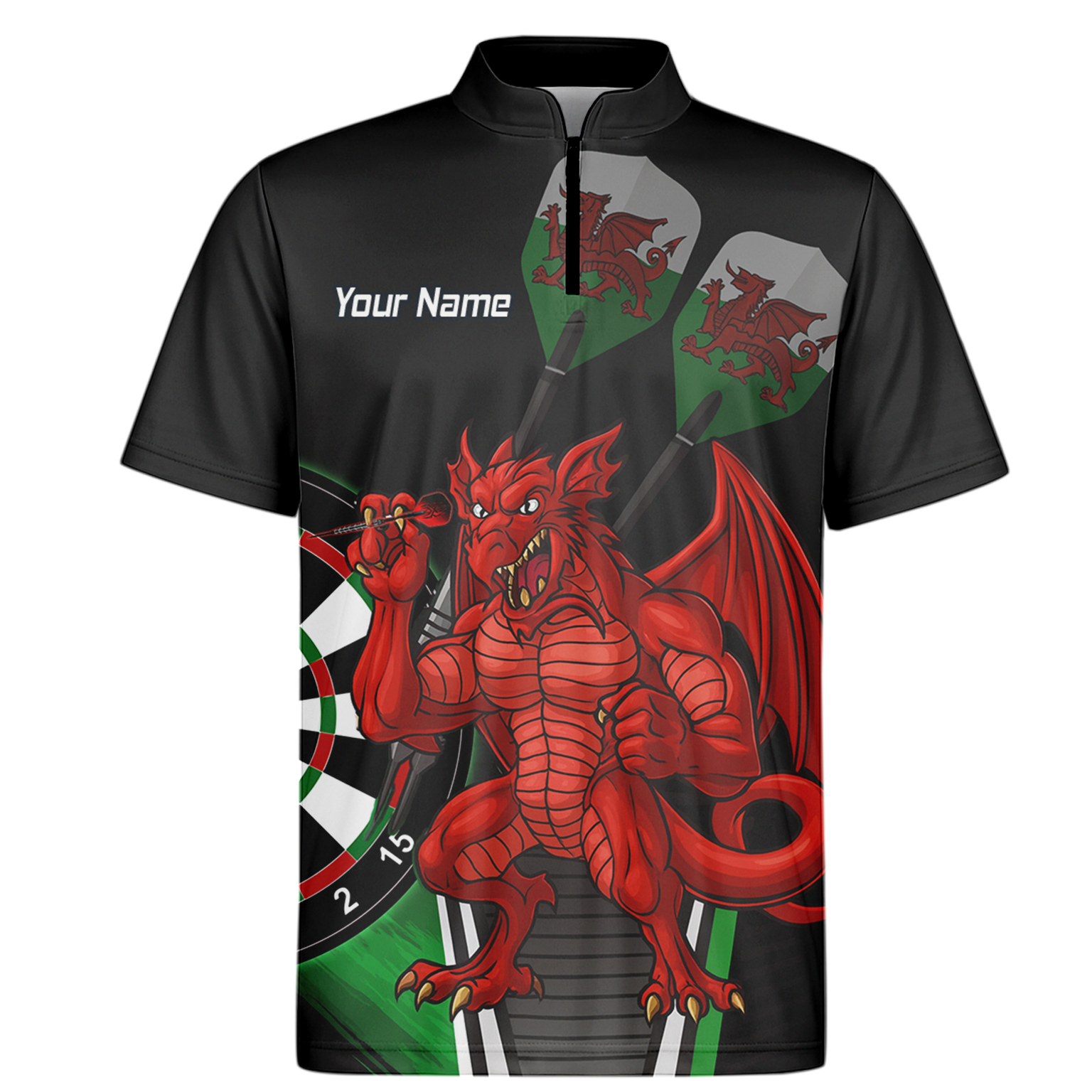 Personalised Custom Welsh Red Dragon Darts Polo Shirt Black Green For Men N6377 additional image 6