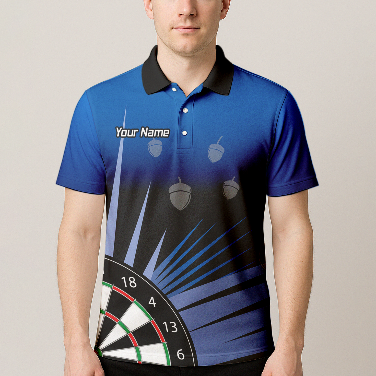 Personalised Blue Black Acorn Dartboard Darts Polo Shirt For Men P4674 additional image 4