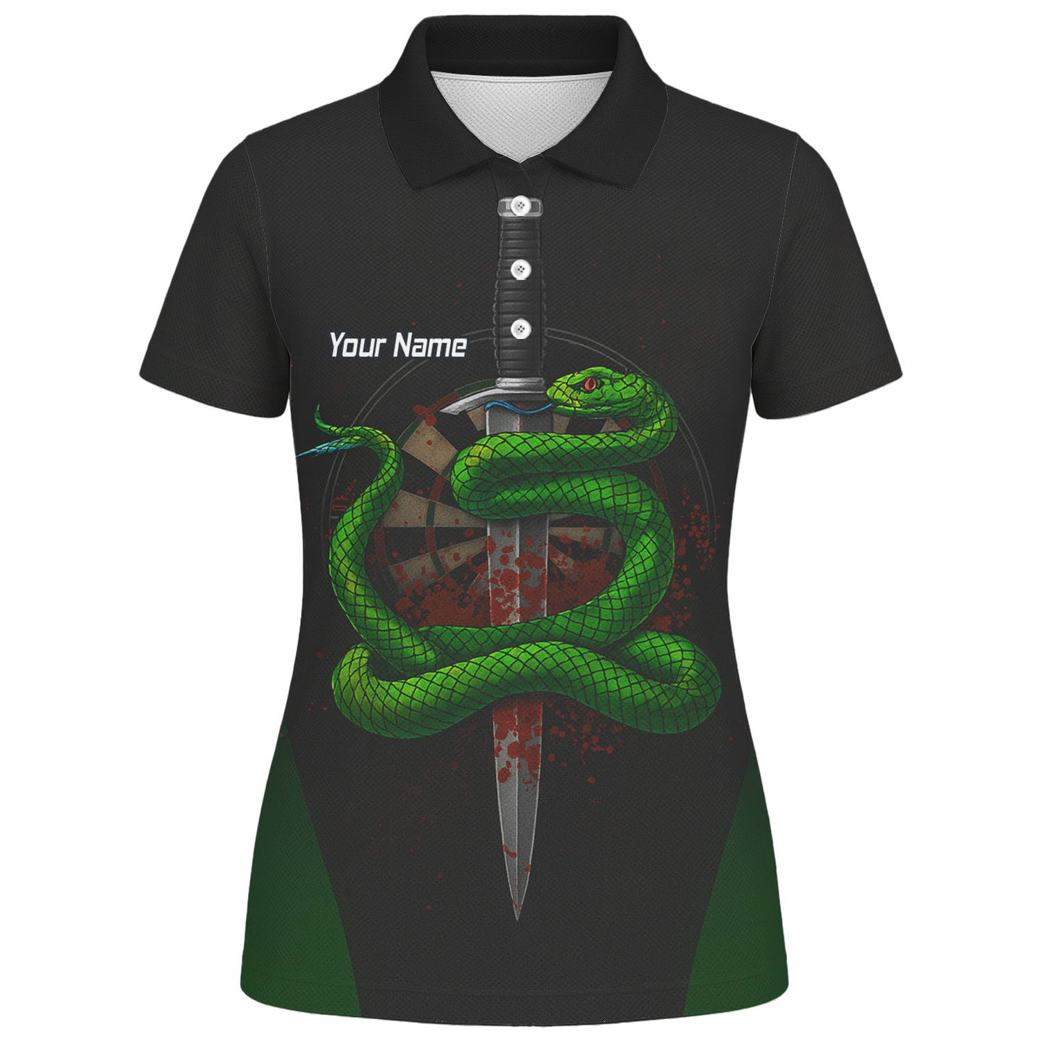 Personalised Green Snake Dagger Darts Polo Shirt Blood Splatter Black For Men G2717 additional image 1
