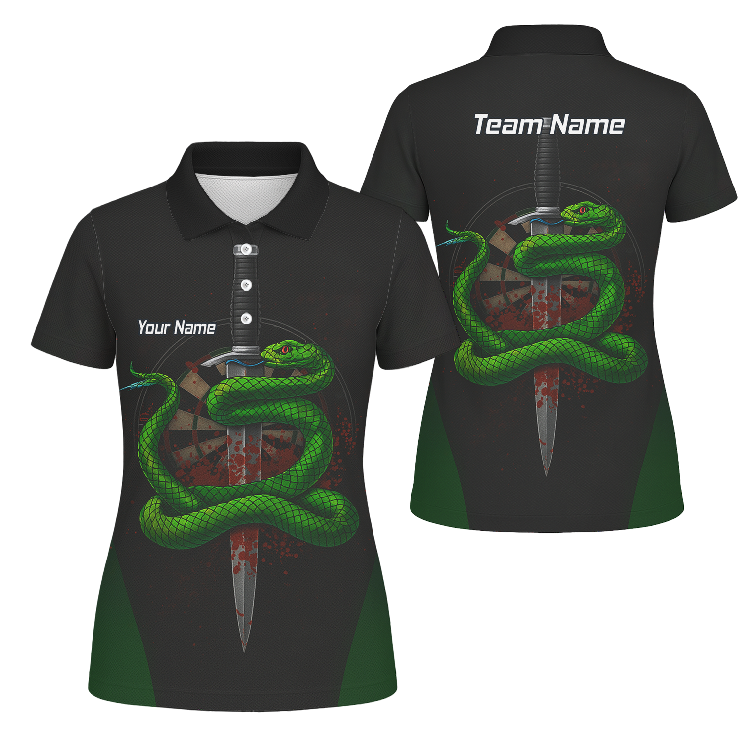 Personalised Green Snake Dagger Darts Polo Shirt Blood Splatter Black For Men G2717 main image - polo No