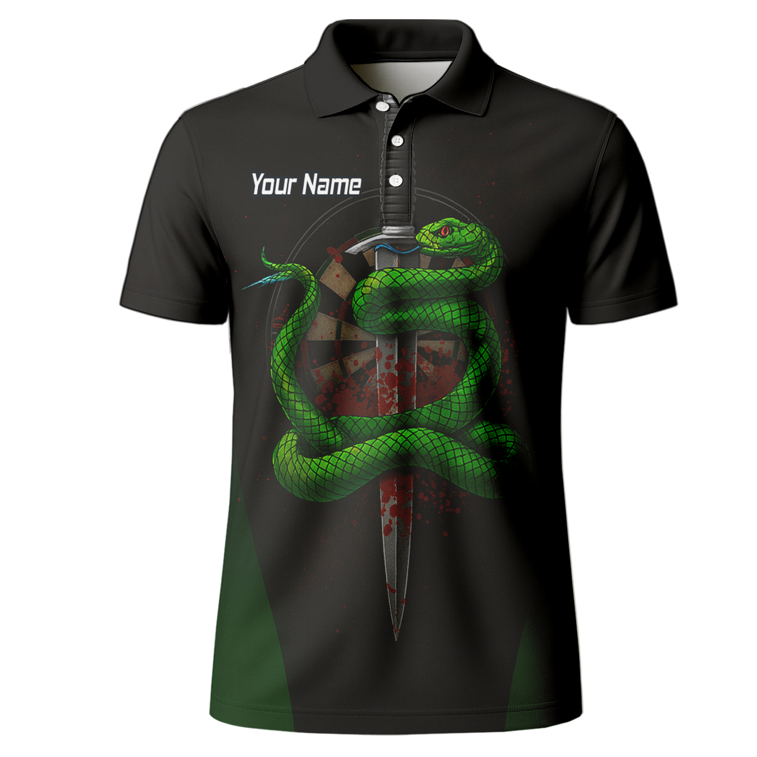 Personalised Green Snake Dagger Darts Polo Shirt Blood Splatter Black For Men G2717 additional image 2