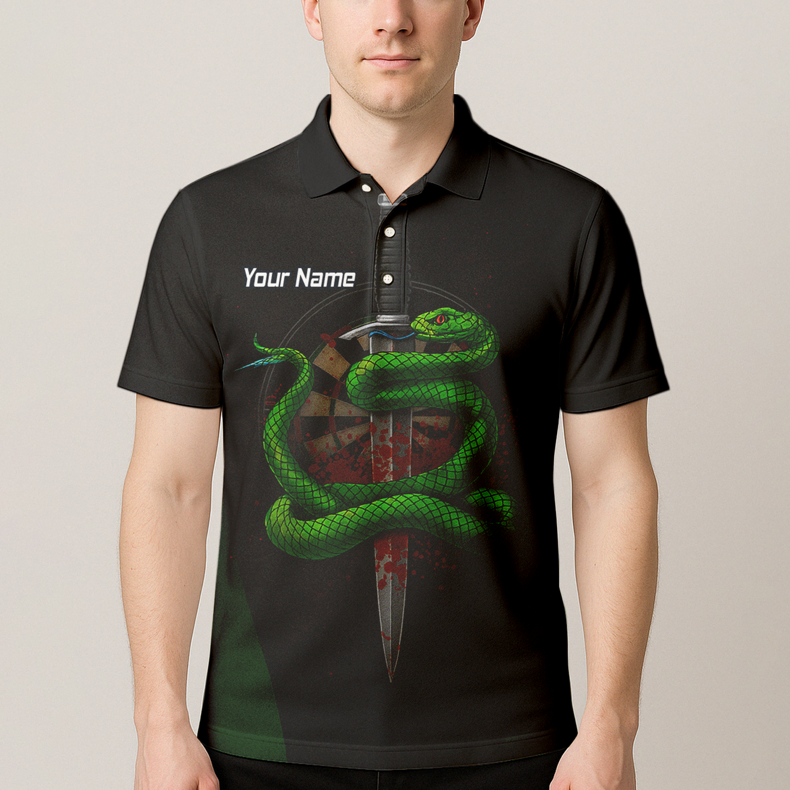 Personalised Green Snake Dagger Darts Polo Shirt Blood Splatter Black For Men G2717 additional image 4