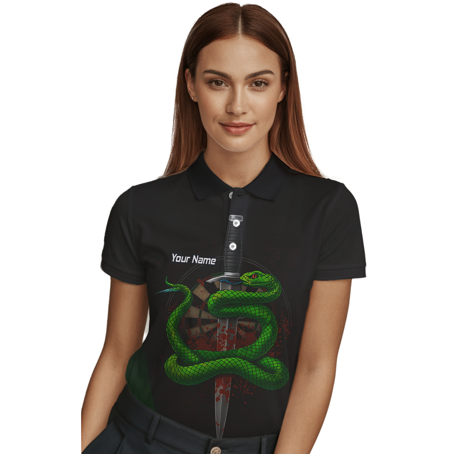 Personalised Green Snake Dagger Darts Polo Shirt Blood Splatter Black For Men G2717 additional image 3