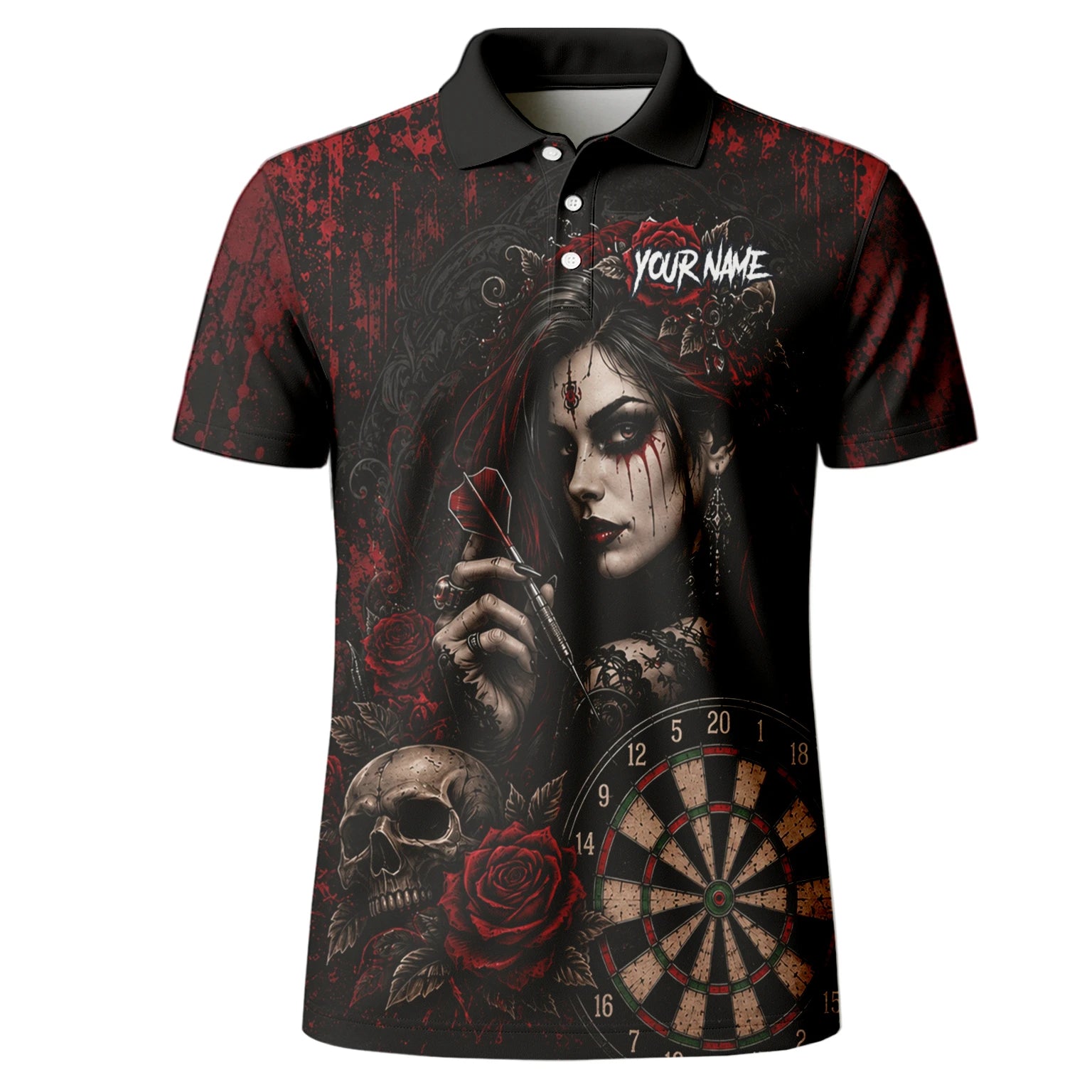 Personalised Black & Red Gothic Woman Skull Darts Shirt For Men W035
