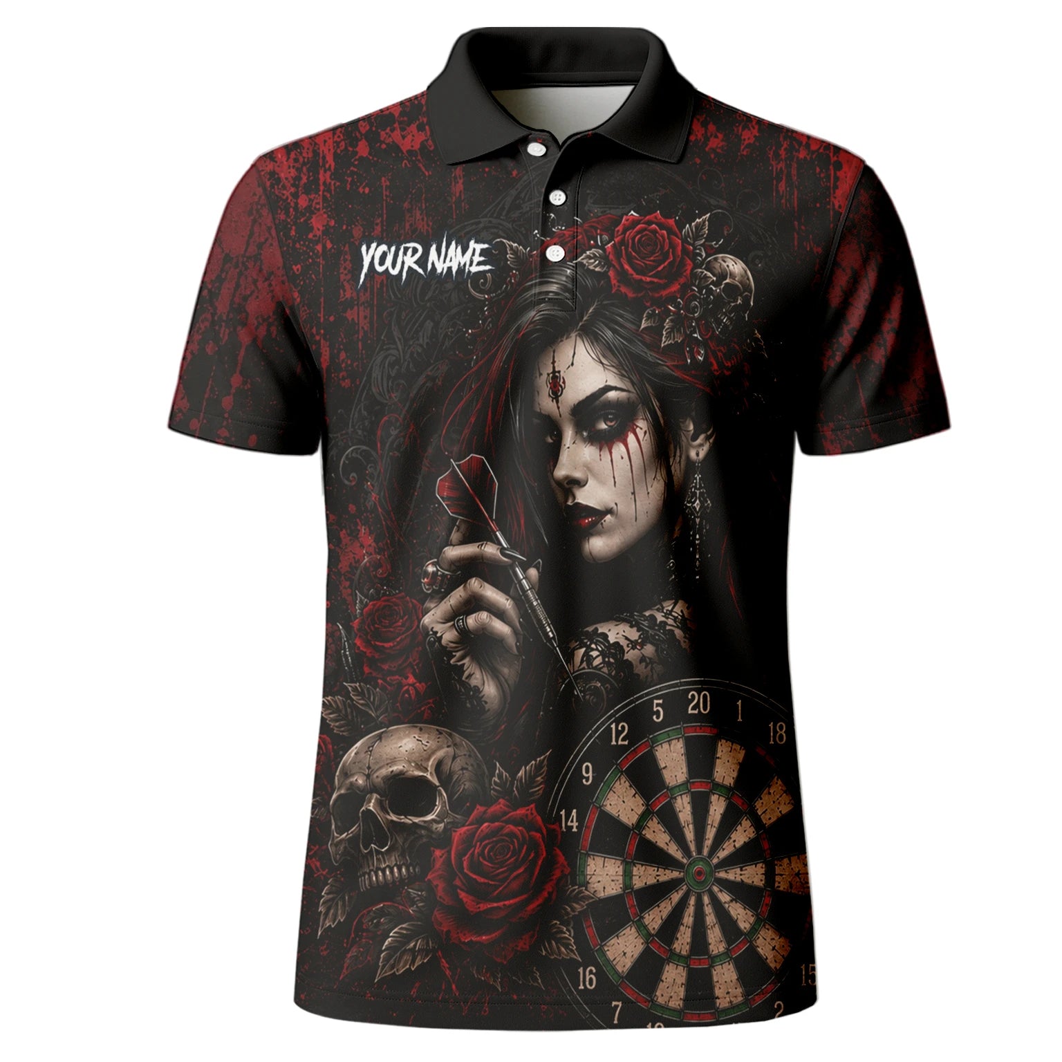 Personalised Black & Red Gothic Woman Skull Darts Shirt For Men W035