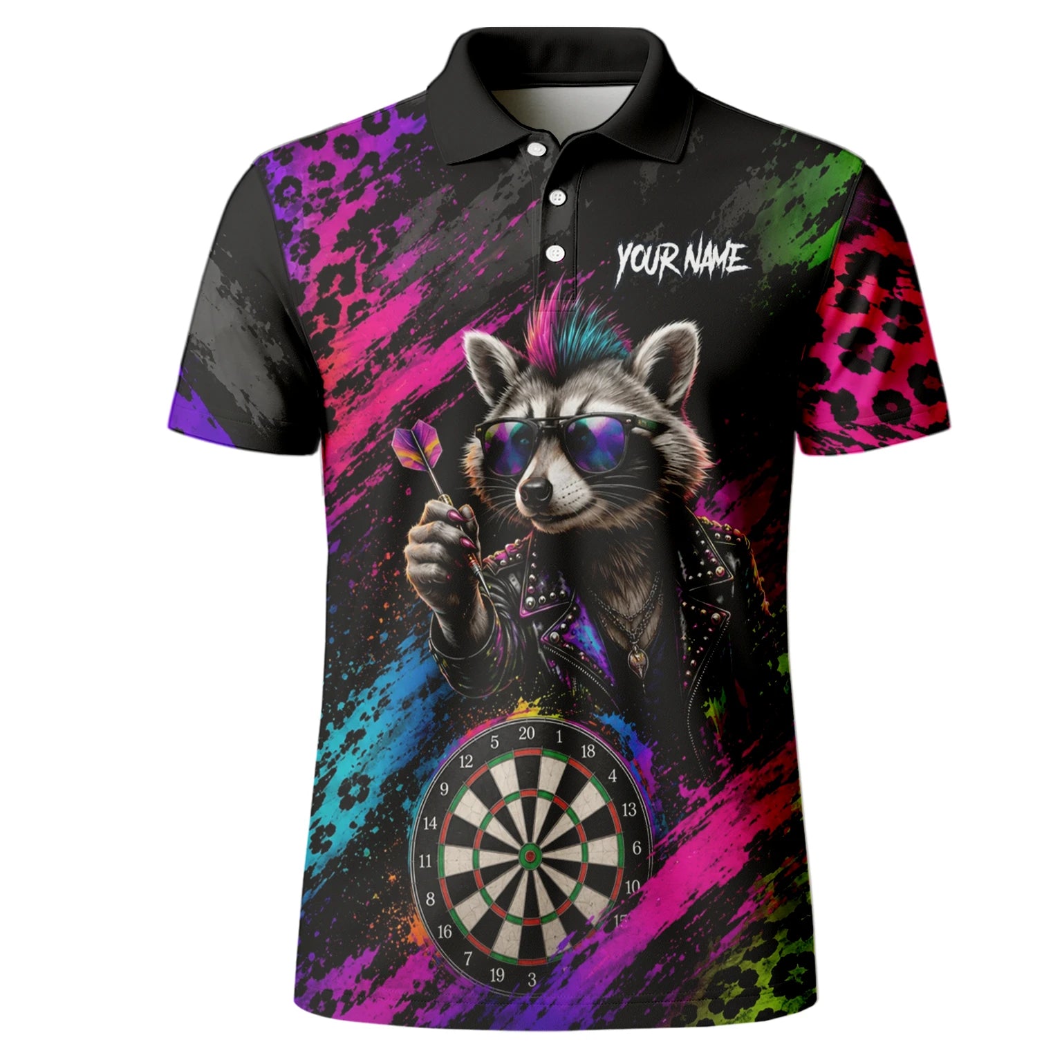 Personalised Black Multicolour Punk Raccoon Dartboard Darts Shirt For Men E164