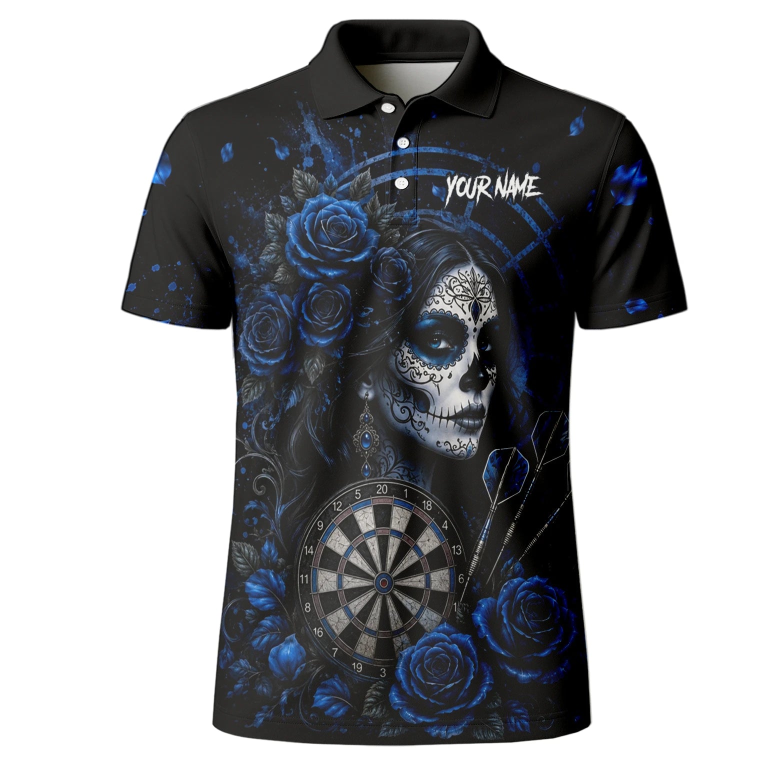Personalised Black & Blue Sugar Skull Roses Darts Shirt For Men I884