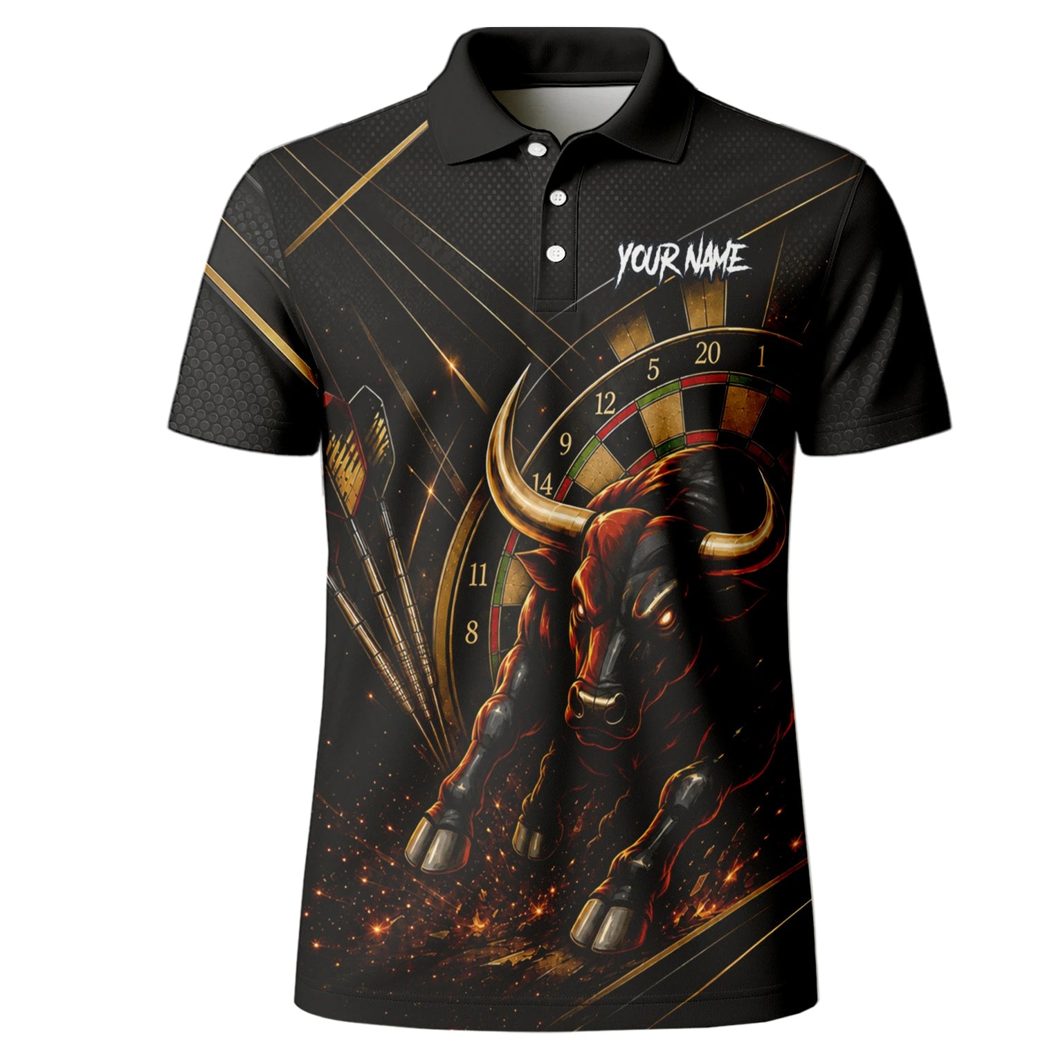 Personalised Black & Gold Bull Darts Polo Shirt For Men K607
