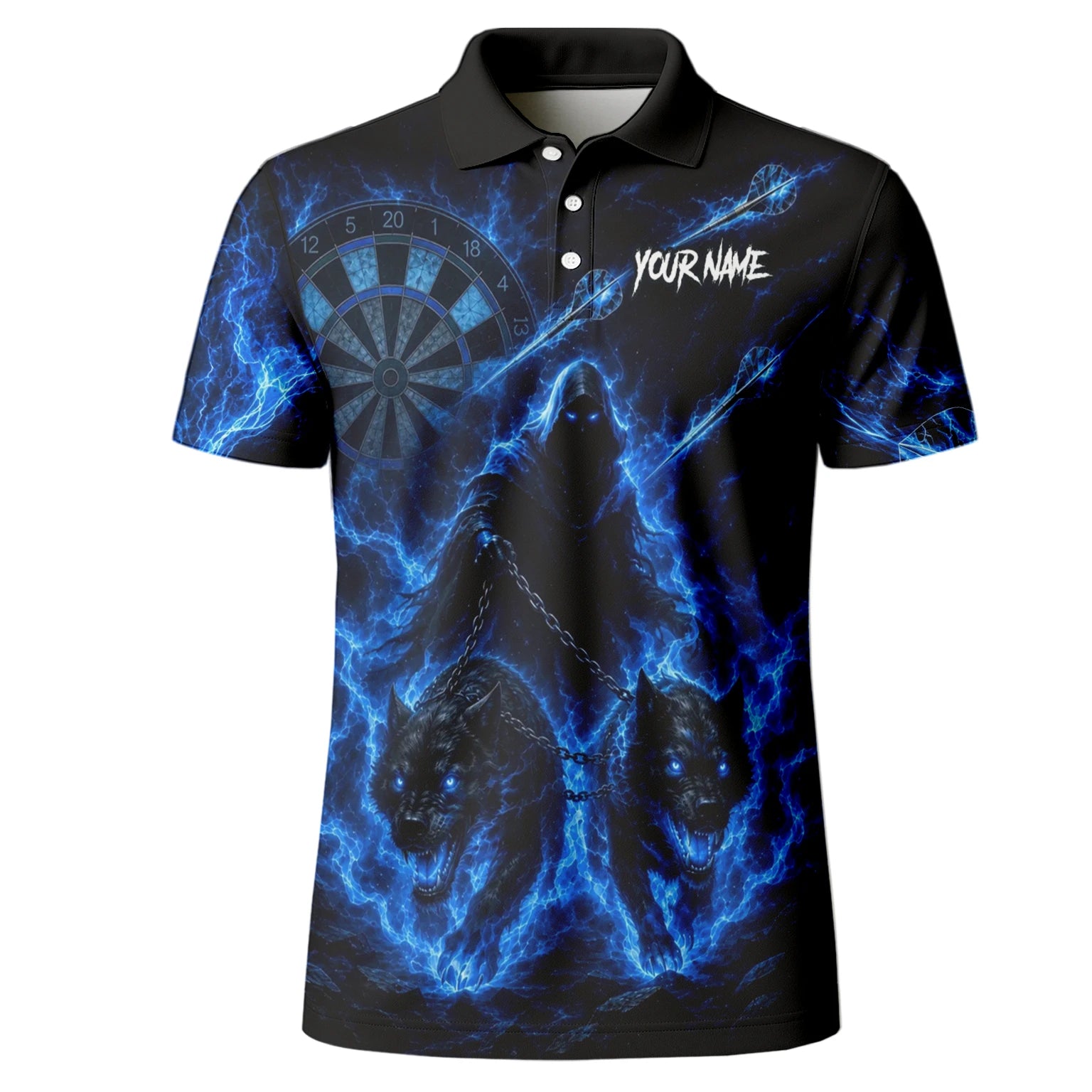 Personalised Black & Blue Grim Reaper and Wolves Darts Shirt For Men X871