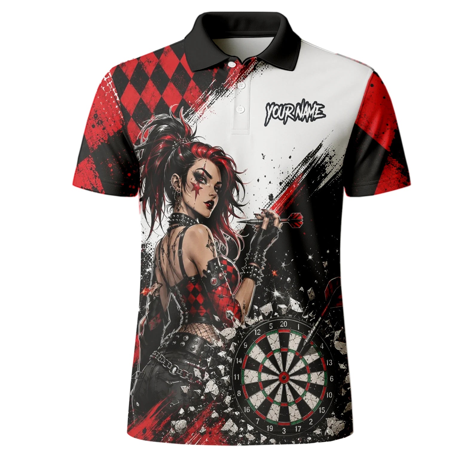 Personalised Red & Black Gothic Harlequin Darts Polo Shirt For Men K572