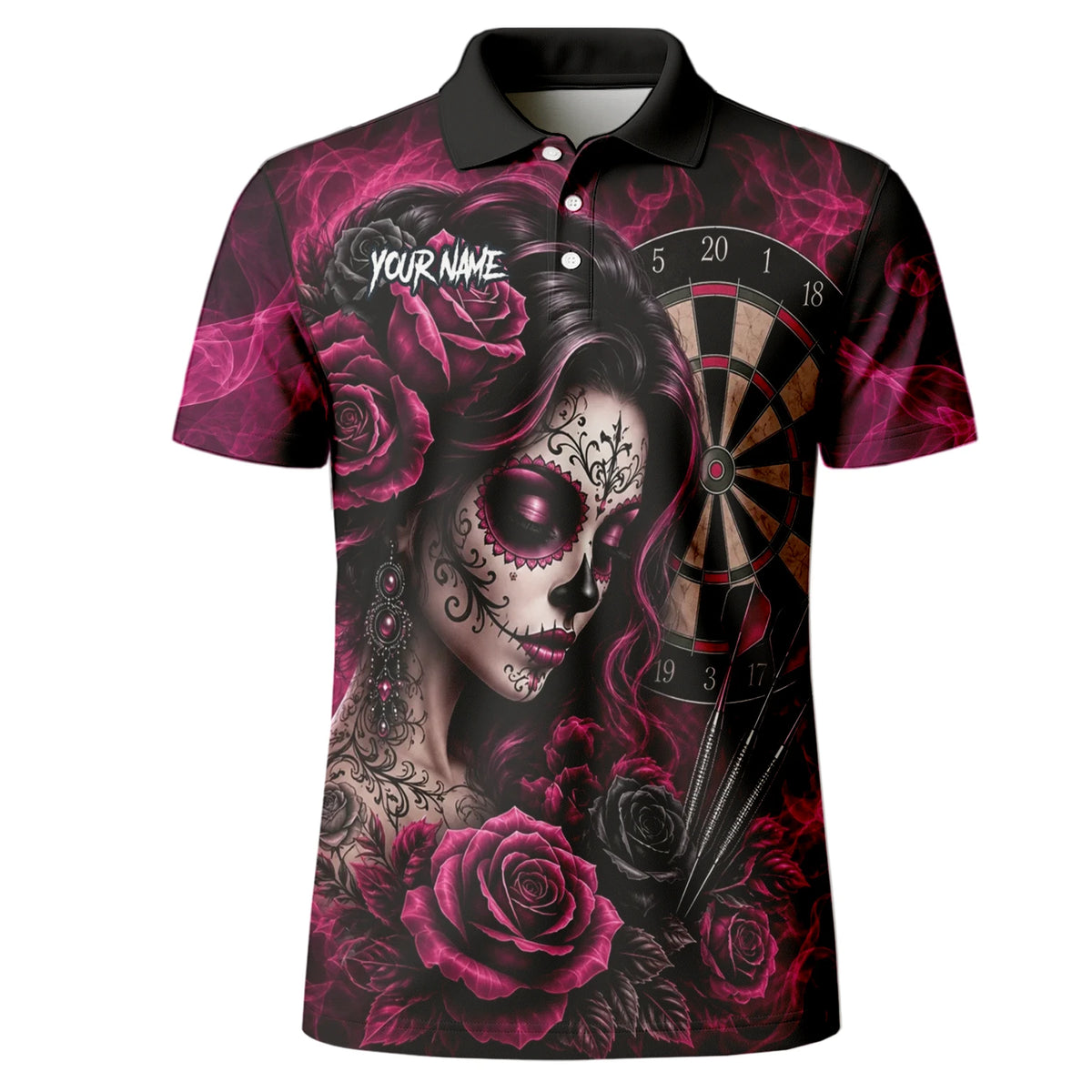 Personalised Black & Pink Sugar Skull Roses Darts Shirt For Men Z109