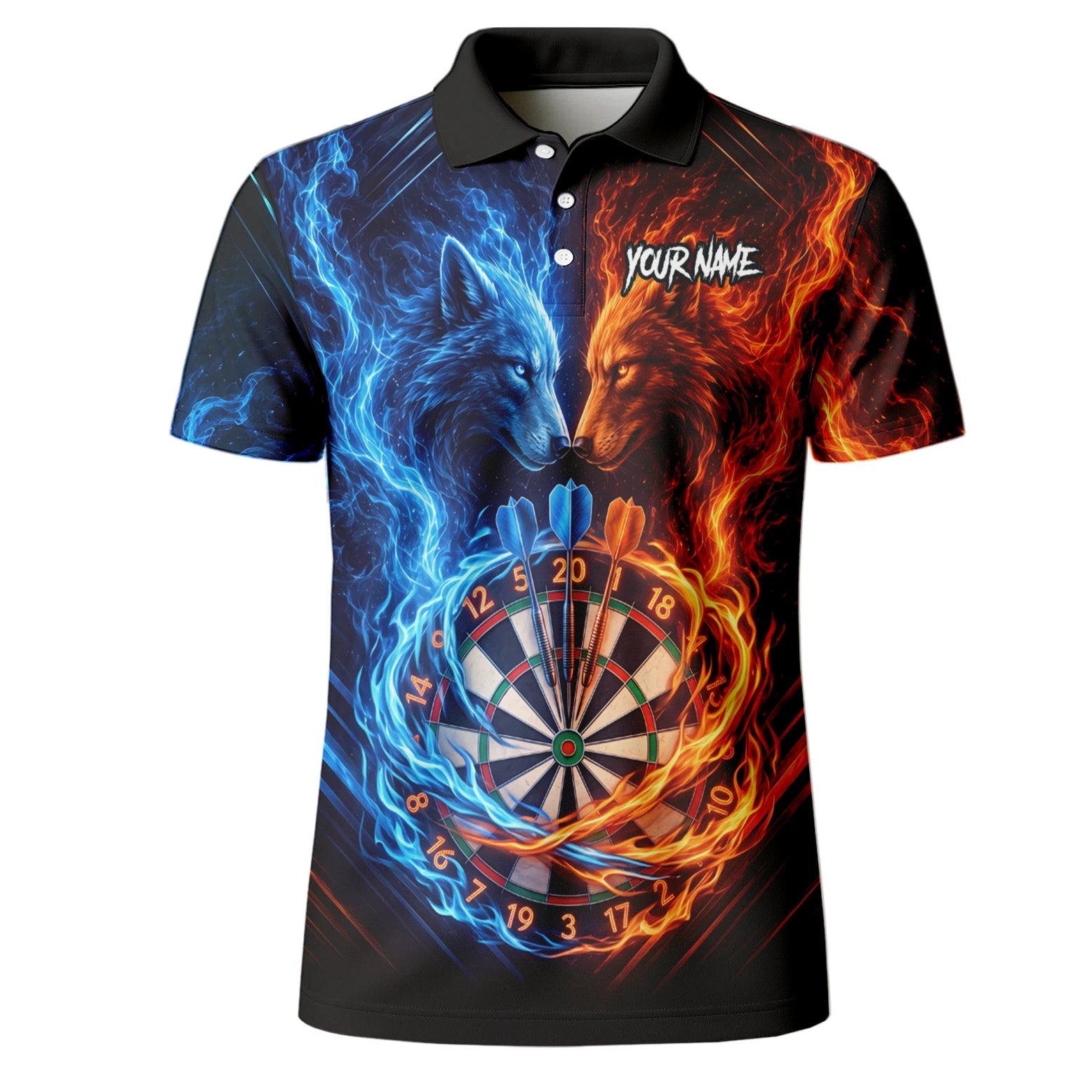 Personalised Blue & Orange Wolf Flame Dartboard Darts Shirt For Men A749