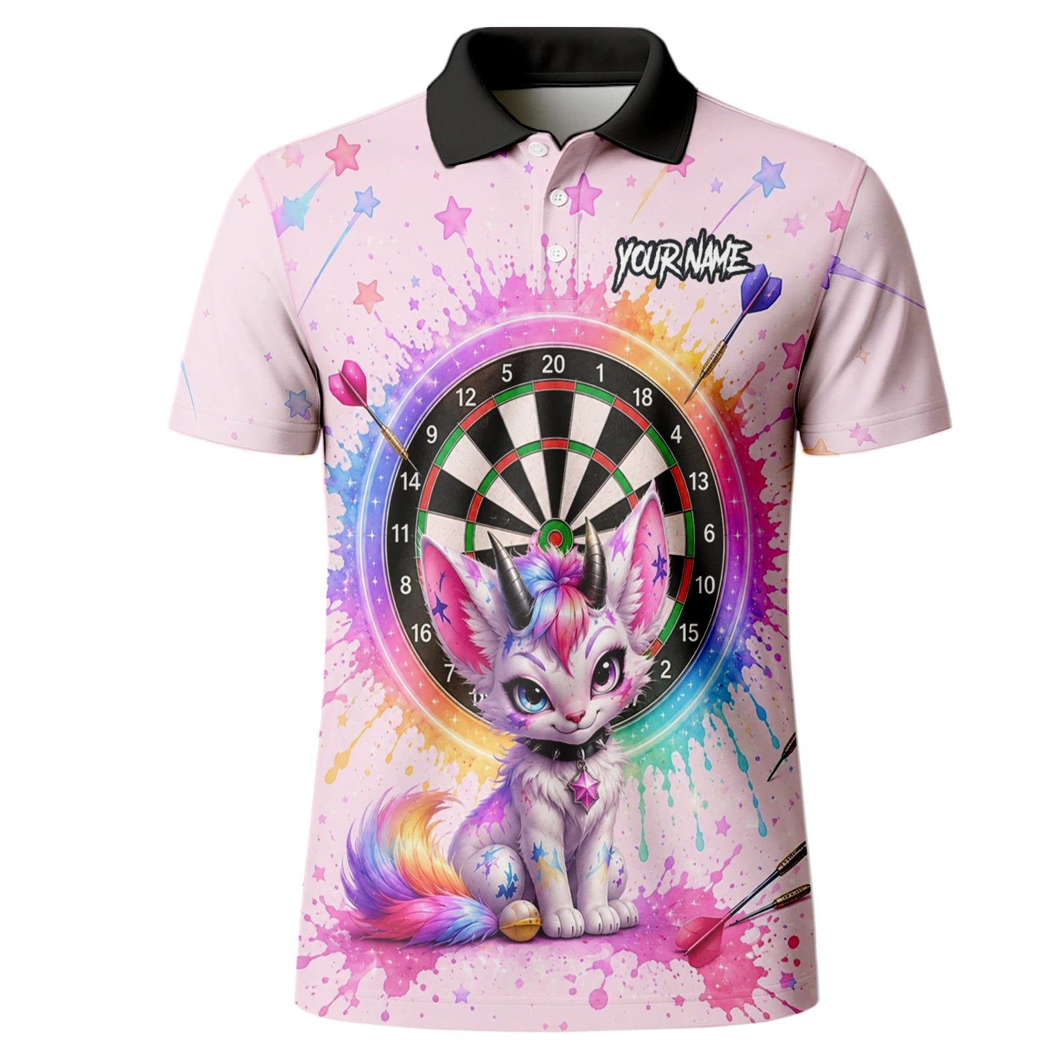 Personalised Pink & Rainbow Fantasy Cat Unicorn Darts Shirt For Men X398