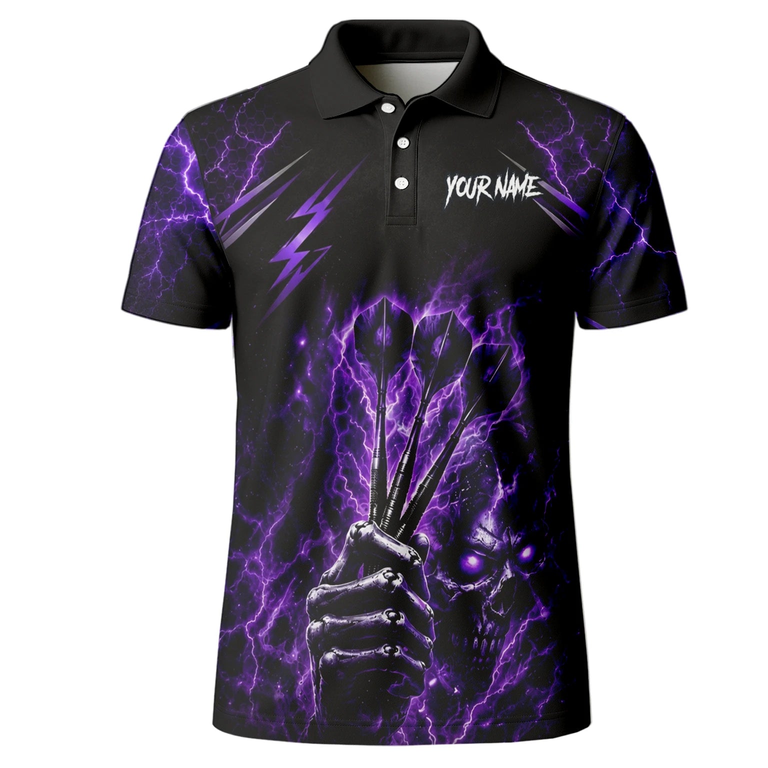 Personalised Black & Purple Lightning Skeleton Hand Darts Shirt For Men H822