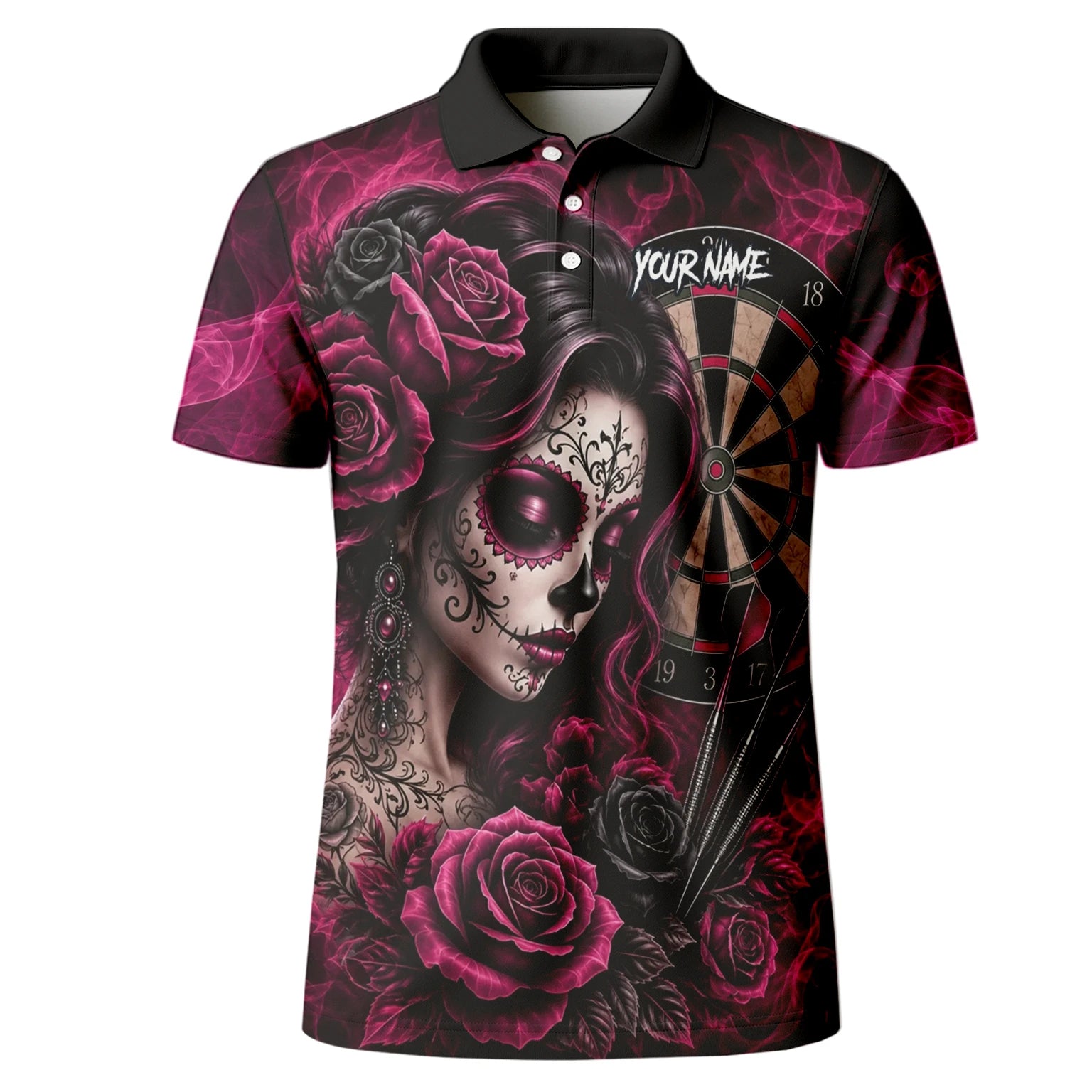 Personalised Black & Pink Sugar Skull Roses Darts Shirt For Men Z109