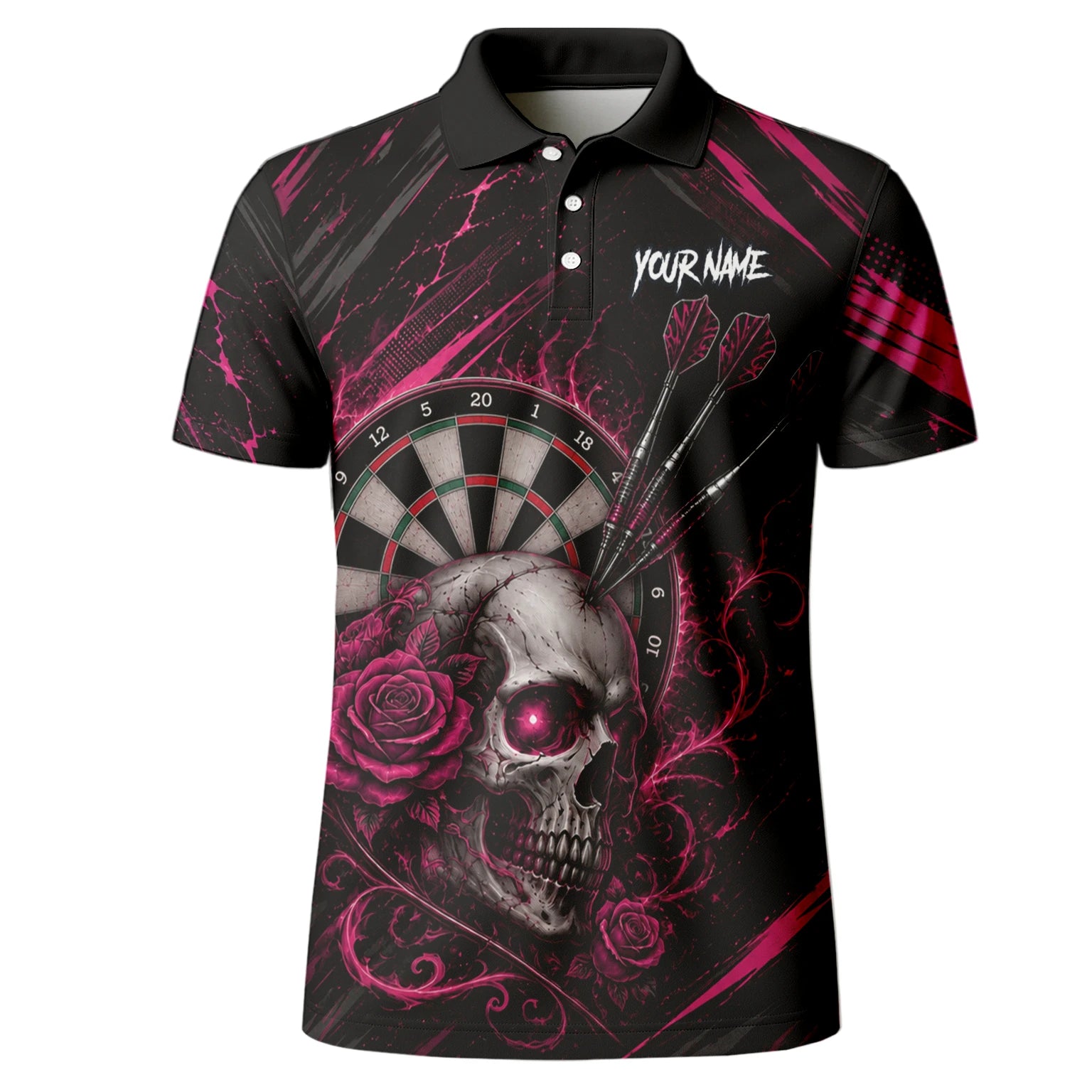 Personalised Black & Pink Skull and Roses Darts Shirt For Men V308