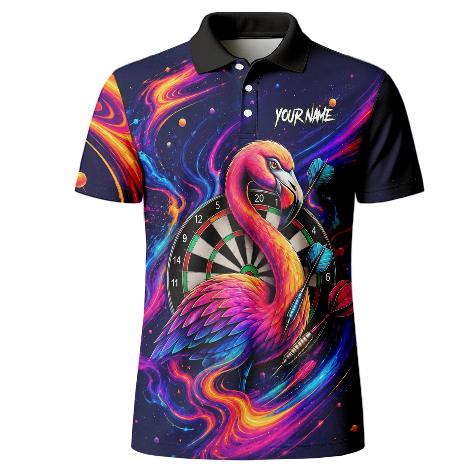 Personalised Neon Flamingo Galaxy Darts Polo Shirt For Men D064