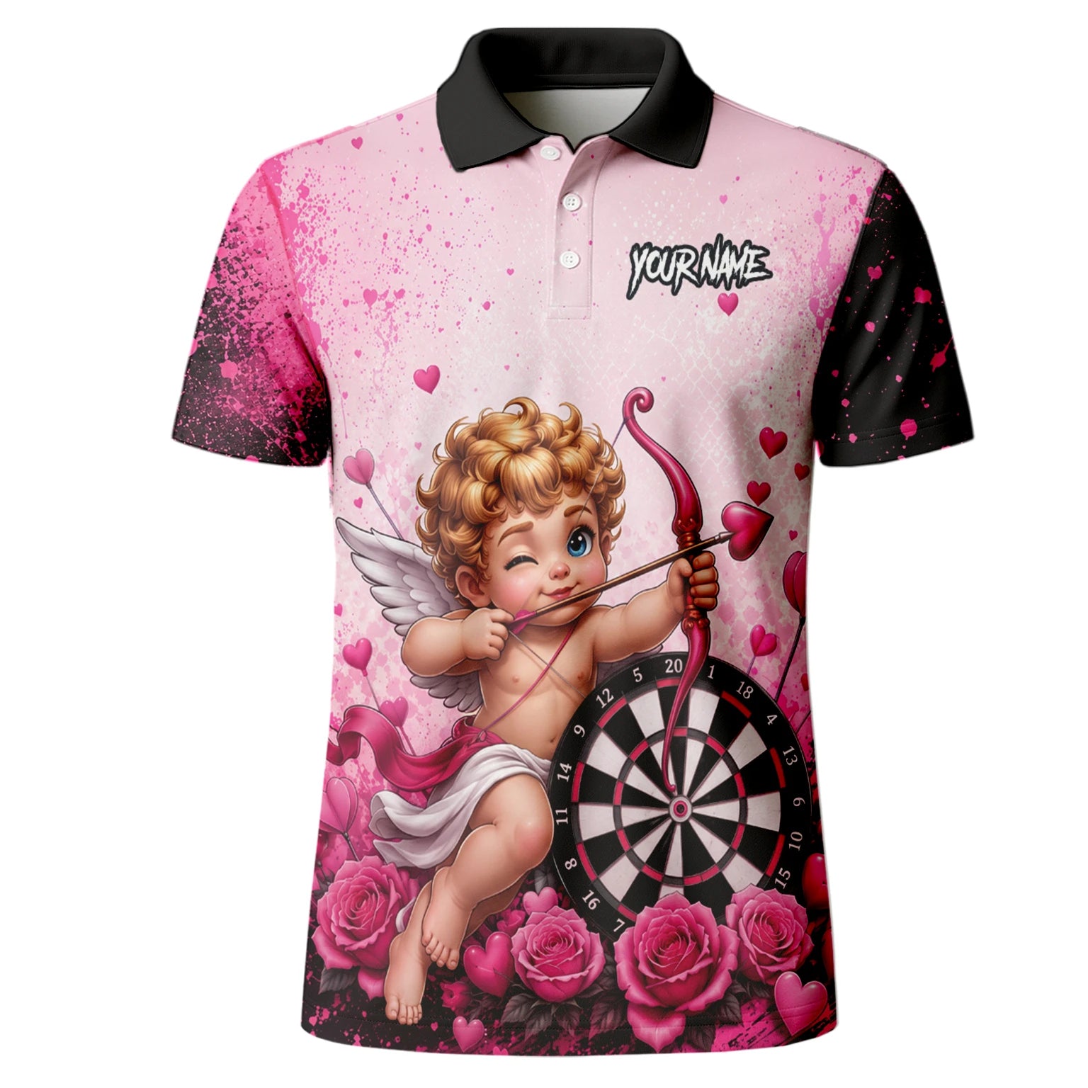 Personalised Pink & Black Cupid Dartboard Darts Shirt For Men I643