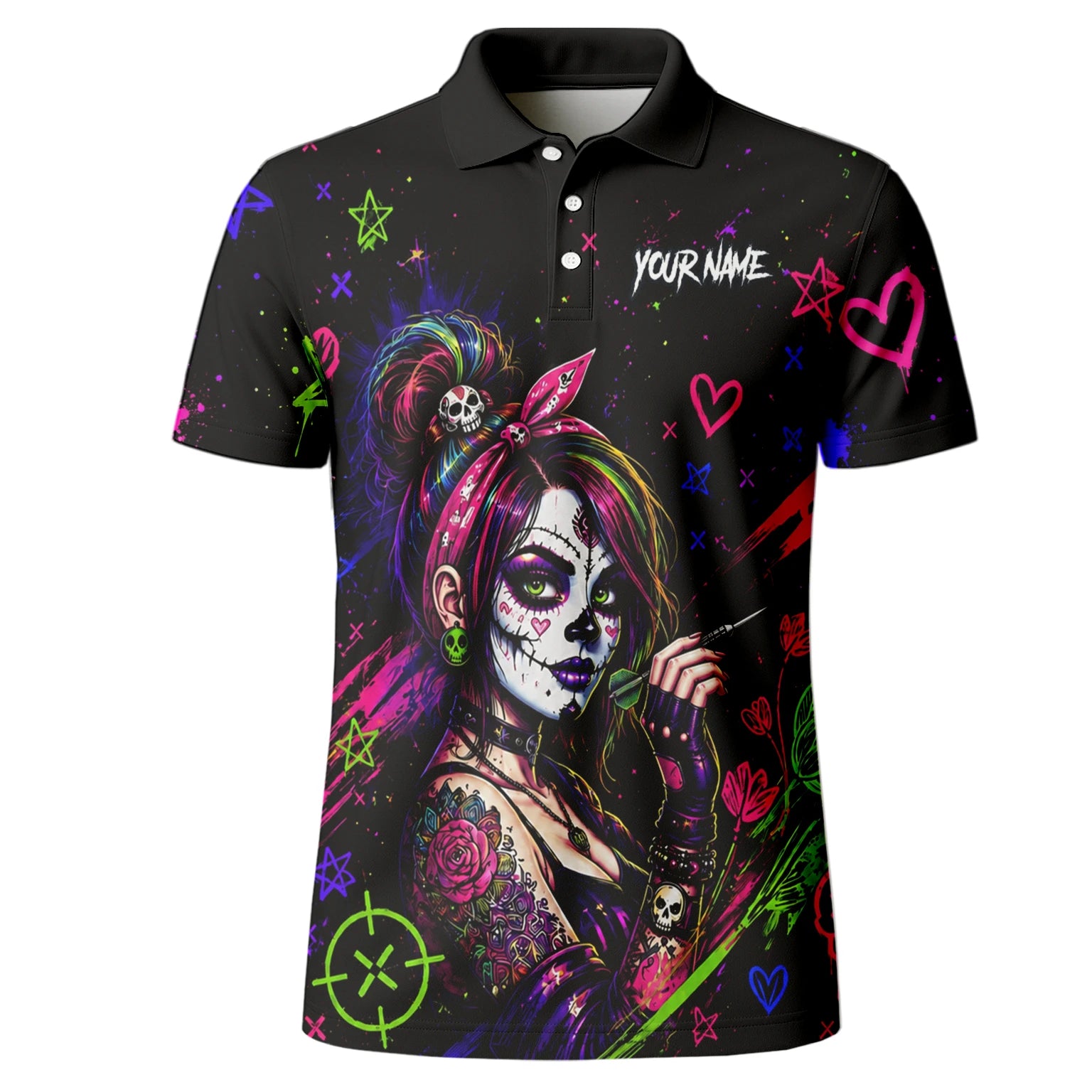 Personalised Black Neon Sugar Skull Woman Darts Shirt For Men K745