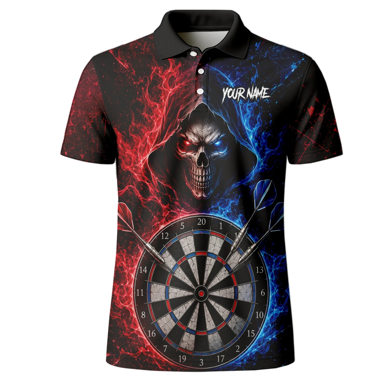 Personalised Red & Blue Split Skull Darts Polo Shirt For Men L857