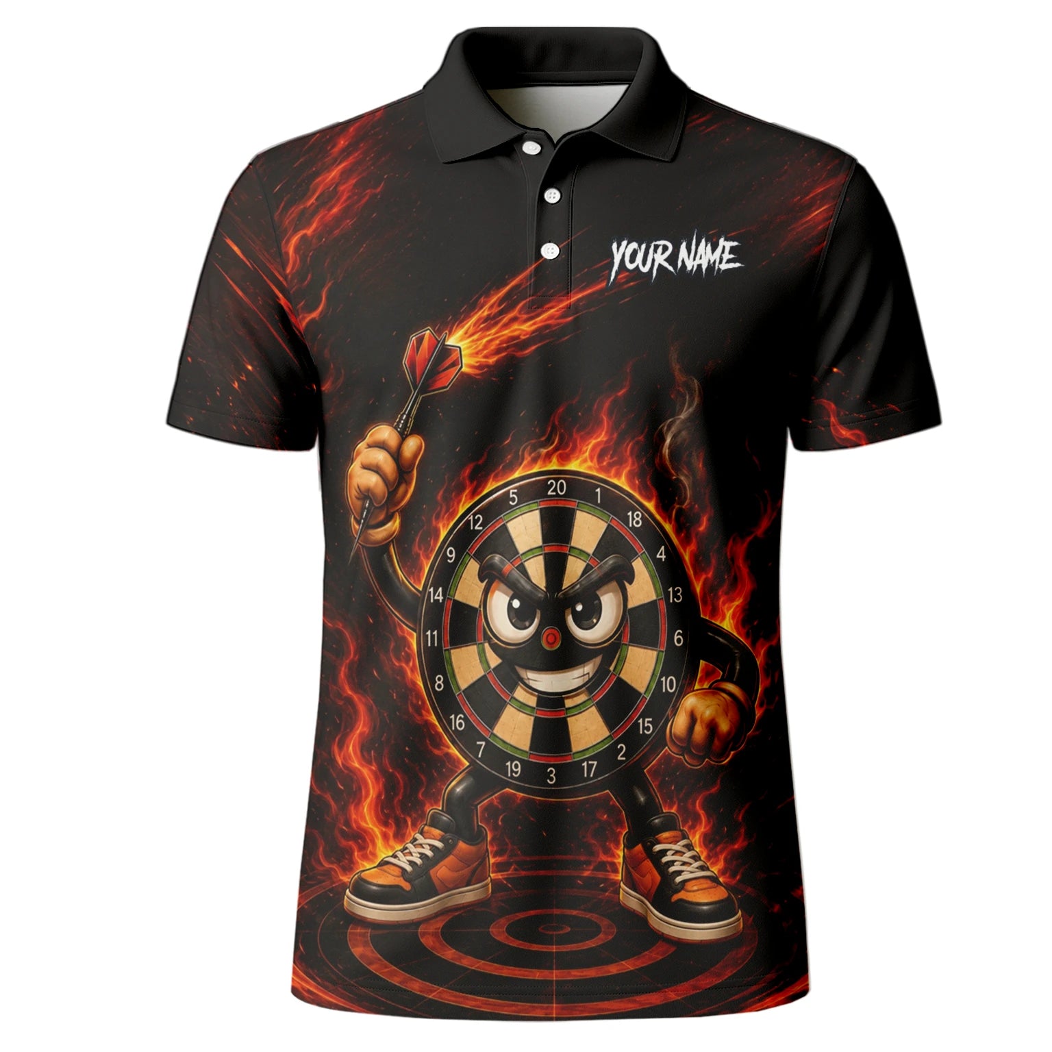 Personalised Black & Red Fiery Dartboard Character Darts Shirt For Men W224