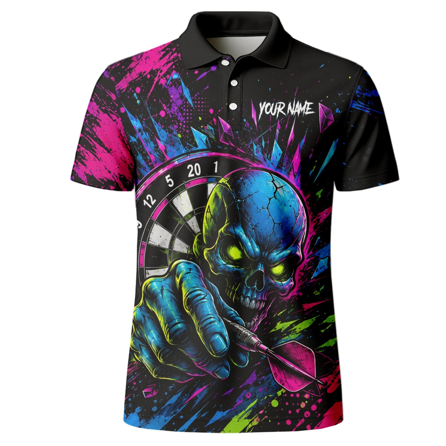 Personalised Neon Blue Green & Pink Skull Dartboard Darts Shirt For Men S232