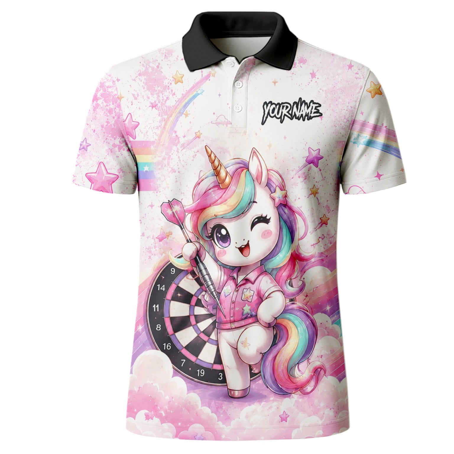 Personalised Pink & White Rainbow Unicorn Darts Shirt For Men F188