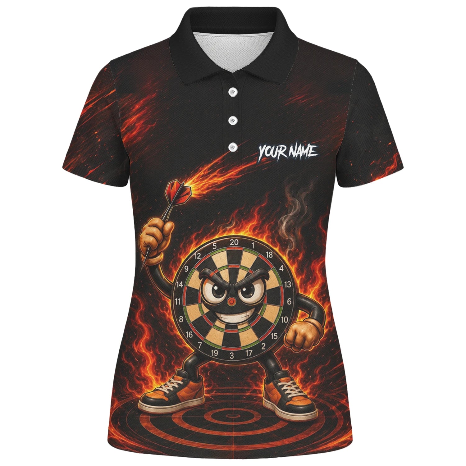 Personalised Black & Red Fiery Dartboard Character Darts Shirt For Women W224
