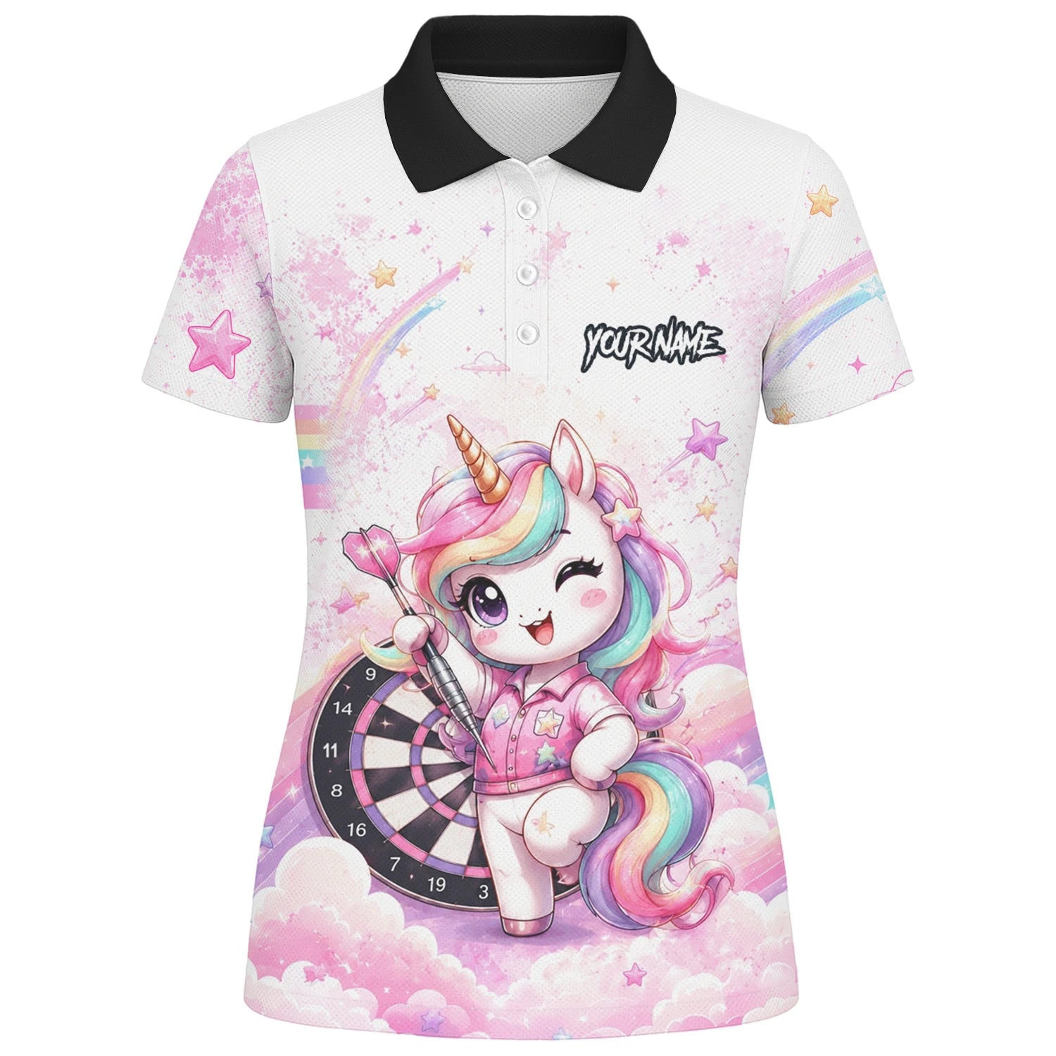 Personalised Pink & White Rainbow Unicorn Darts Shirt For Women F188