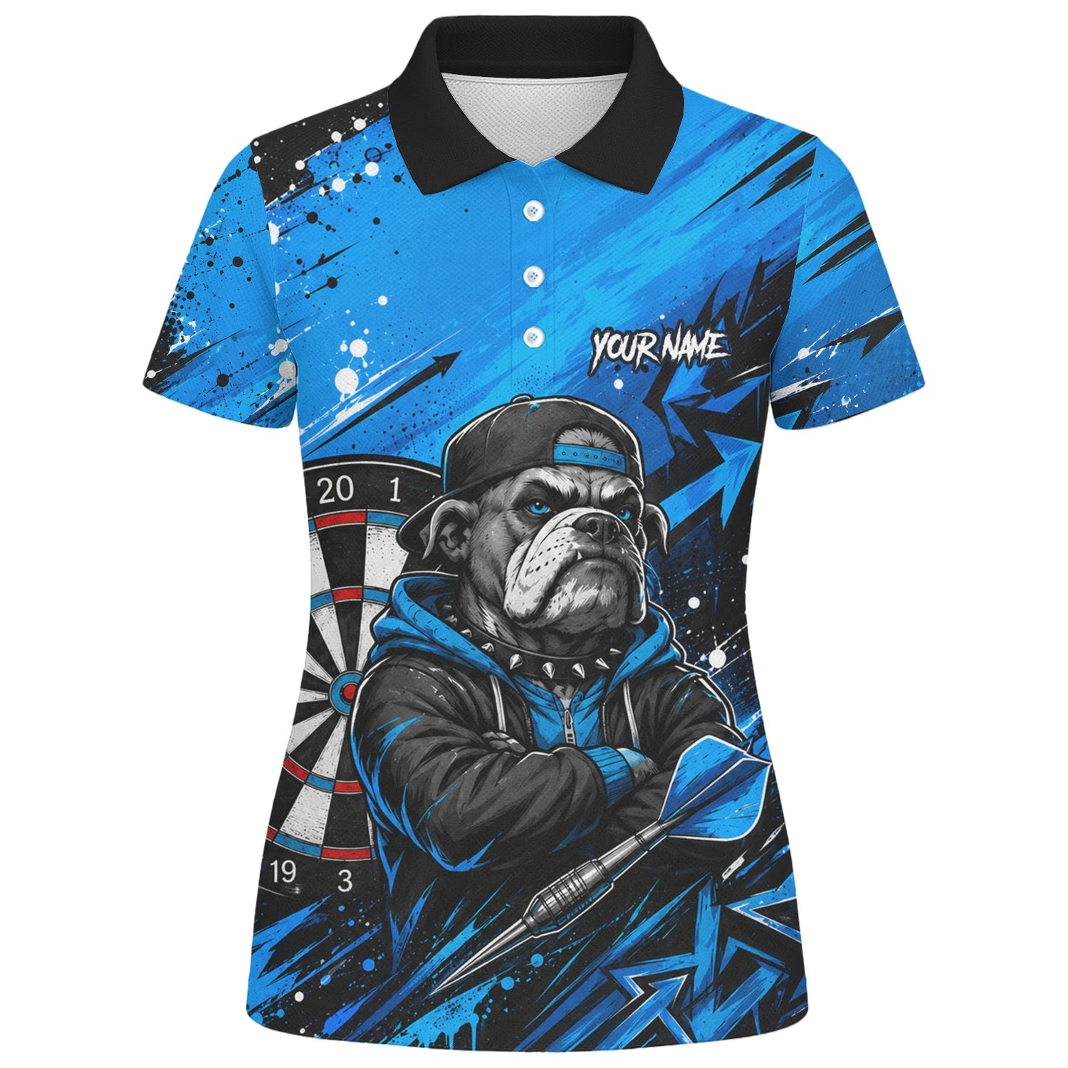 Personalised Blue & Black Bulldog Darts Shirt For Women D529