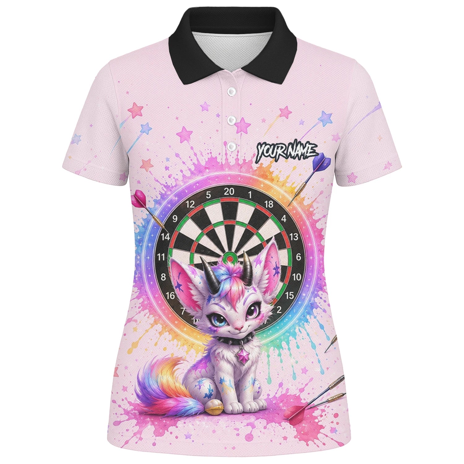Personalised Pink & Rainbow Fantasy Cat Unicorn Darts Shirt For Women X398